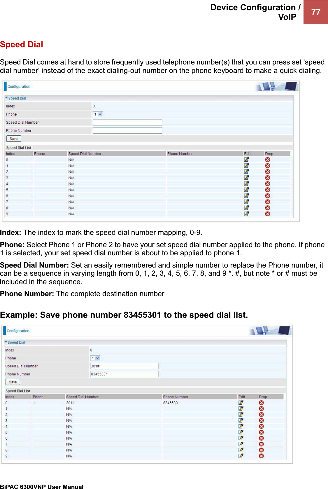 Device Configuration /VoIP  77BiPAC 6300VNP User Manual                                               Speed Dial Speed Dial comes at hand to store frequently used telephone number(s) that you can press set ‘speed dial number’ instead of the exact dialing-out number on the phone keyboard to make a quick dialing.  Index: The index to mark the speed dial number mapping, 0-9. Phone: Select Phone 1 or Phone 2 to have your set speed dial number applied to the phone. If phone 1 is selected, your set speed dial number is about to be applied to phone 1. Speed Dial Number: Set an easily remembered and simple number to replace the Phone number, it can be a sequence in varying length from 0, 1, 2, 3, 4, 5, 6, 7, 8, and 9 *. #, but note * or # must be included in the sequence. Phone Number: The complete destination numberExample: Save phone number 83455301 to the speed dial list.