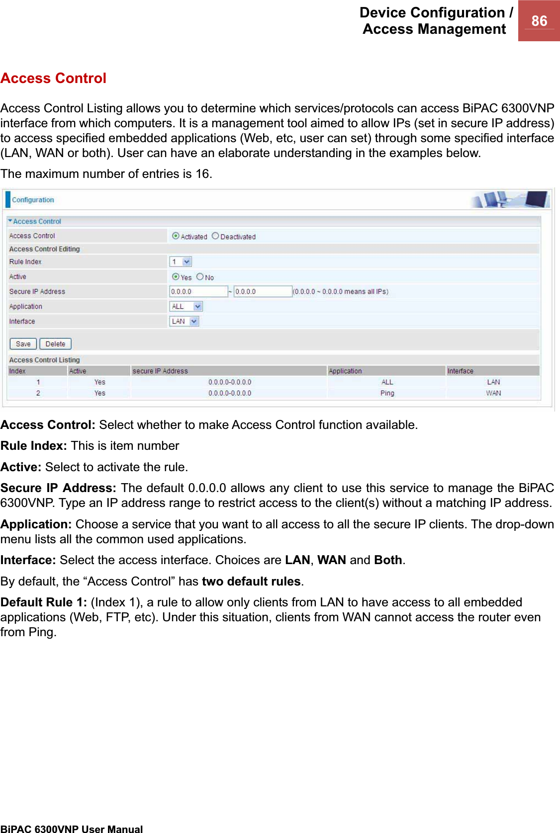 Device Configuration /Access Management  86BiPAC 6300VNP User Manual                                               Access Control Access Control Listing allows you to determine which services/protocols can access BiPAC 6300VNP interface from which computers. It is a management tool aimed to allow IPs (set in secure IP address) to access specified embedded applications (Web, etc, user can set) through some specified interface (LAN, WAN or both). User can have an elaborate understanding in the examples below. The maximum number of entries is 16. Access Control: Select whether to make Access Control function available. Rule Index: This is item number Active: Select to activate the rule.Secure IP Address: The default 0.0.0.0 allows any client to use this service to manage the BiPAC 6300VNP. Type an IP address range to restrict access to the client(s) without a matching IP address.Application: Choose a service that you want to all access to all the secure IP clients. The drop-down menu lists all the common used applications.Interface: Select the access interface. Choices are LAN,WAN and Both.By default, the “Access Control” has two default rules.Default Rule 1: (Index 1), a rule to allow only clients from LAN to have access to all embedded applications (Web, FTP, etc). Under this situation, clients from WAN cannot access the router even from Ping.