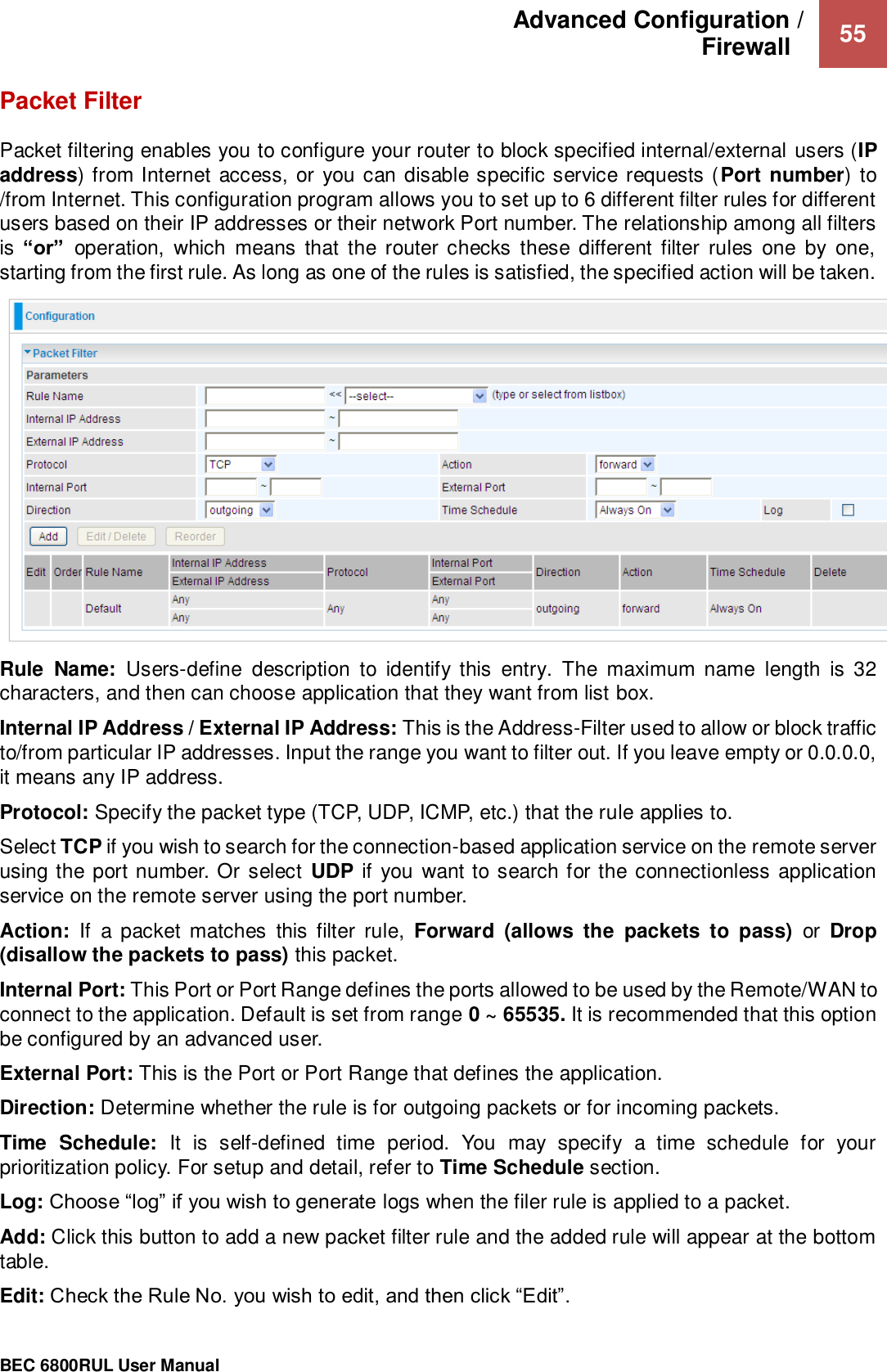 Advanced Configuration /  Firewall    55                                                 BEC 6800RUL User Manual  Packet Filter Packet filtering enables you to configure your router to block specified internal/external users (IP address) from Internet access, or you can disable specific service requests (Port number) to /from Internet. This configuration program allows you to set up to 6 different filter rules for different users based on their IP addresses or their network Port number. The relationship among all filters is “or”  operation,  which  means  that  the router checks  these different  filter  rules  one  by  one, starting from the first rule. As long as one of the rules is satisfied, the specified action will be taken.   Rule  Name:  Users-define  description  to  identify  this  entry.  The  maximum  name  length  is  32 characters, and then can choose application that they want from list box. Internal IP Address / External IP Address: This is the Address-Filter used to allow or block traffic to/from particular IP addresses. Input the range you want to filter out. If you leave empty or 0.0.0.0, it means any IP address.  Protocol: Specify the packet type (TCP, UDP, ICMP, etc.) that the rule applies to. Select TCP if you wish to search for the connection-based application service on the remote server using the  port number. Or select  UDP if you want to search for the connectionless  application service on the remote server using the port number. Action:  If  a  packet  matches  this  filter  rule,  Forward  (allows  the  packets  to  pass)  or  Drop (disallow the packets to pass) this packet. Internal Port: This Port or Port Range defines the ports allowed to be used by the Remote/WAN to connect to the application. Default is set from range 0 ~ 65535. It is recommended that this option be configured by an advanced user. External Port: This is the Port or Port Range that defines the application. Direction: Determine whether the rule is for outgoing packets or for incoming packets. Time  Schedule:  It  is  self-defined  time  period.  You  may  specify  a  time  schedule  for  your prioritization policy. For setup and detail, refer to Time Schedule section. Log: Choose “log” if you wish to generate logs when the filer rule is applied to a packet. Add: Click this button to add a new packet filter rule and the added rule will appear at the bottom table. Edit: Check the Rule No. you wish to edit, and then click “Edit”. 