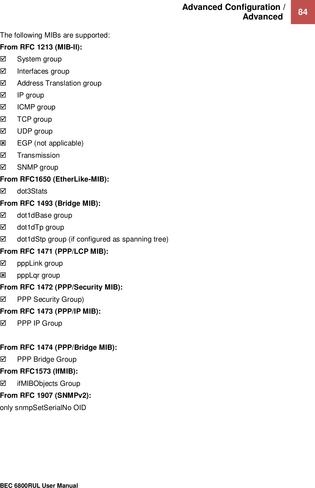 Advanced Configuration /  Advanced   84                                                 BEC 6800RUL User Manual  The following MIBs are supported: From RFC 1213 (MIB-II):   System group   Interfaces group   Address Translation group   IP group   ICMP group   TCP group   UDP group   EGP (not applicable)   Transmission   SNMP group From RFC1650 (EtherLike-MIB):   dot3Stats   From RFC 1493 (Bridge MIB):   dot1dBase group   dot1dTp group   dot1dStp group (if configured as spanning tree) From RFC 1471 (PPP/LCP MIB):   pppLink group   pppLqr group From RFC 1472 (PPP/Security MIB):   PPP Security Group) From RFC 1473 (PPP/IP MIB):   PPP IP Group  From RFC 1474 (PPP/Bridge MIB):   PPP Bridge Group From RFC1573 (IfMIB):   ifMIBObjects Group From RFC 1907 (SNMPv2): only snmpSetSerialNo OID   