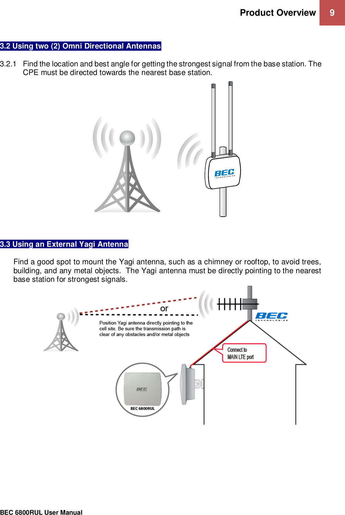 Product Overview 9                                                 BEC 6800RUL User Manual   3.2 Using two (2) Omni Directional Antennas  3.2.1  Find the location and best angle for getting the strongest signal from the base station. The CPE must be directed towards the nearest base station.       3.3 Using an External Yagi Antenna  Find a good spot to mount the Yagi antenna, such as a chimney or rooftop, to avoid trees, building, and any metal objects.  The Yagi antenna must be directly pointing to the nearest base station for strongest signals.                                         