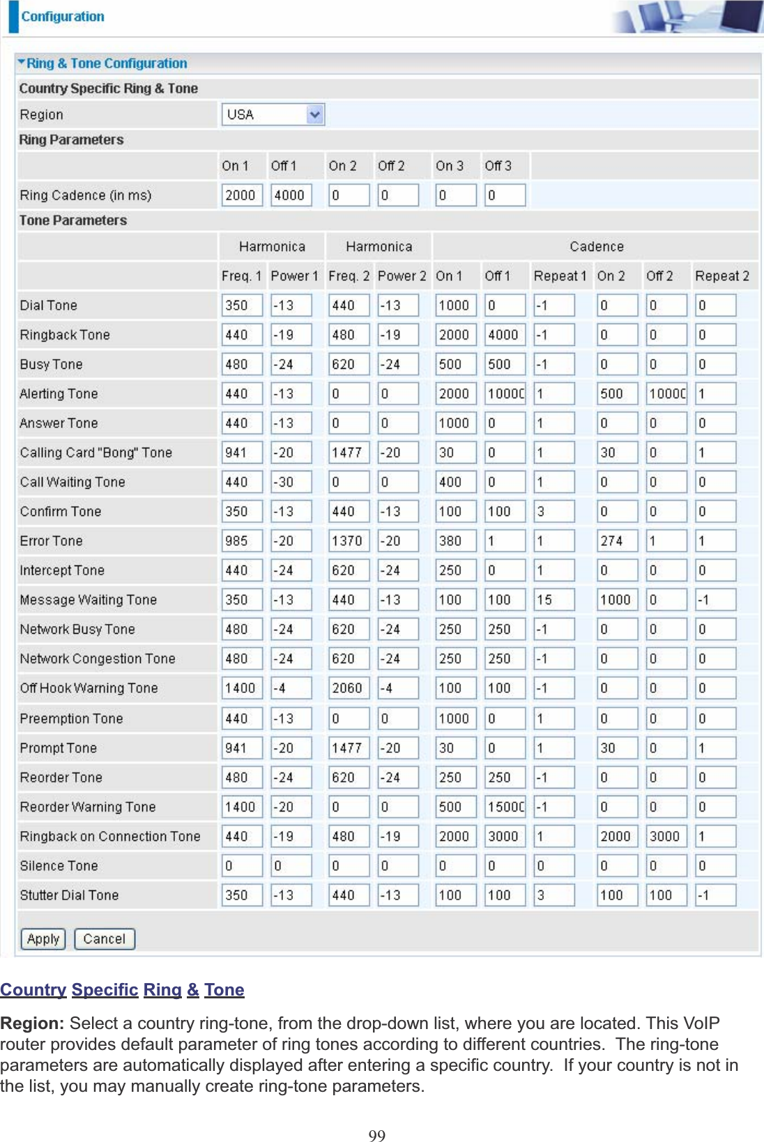 99Country Specific Ring &amp; ToneRegion: Select a country ring-tone, from the drop-down list, where you are located. This VoIP router provides default parameter of ring tones according to different countries.  The ring-tone parameters are automatically displayed after entering a specific country.  If your country is not in the list, you may manually create ring-tone parameters.