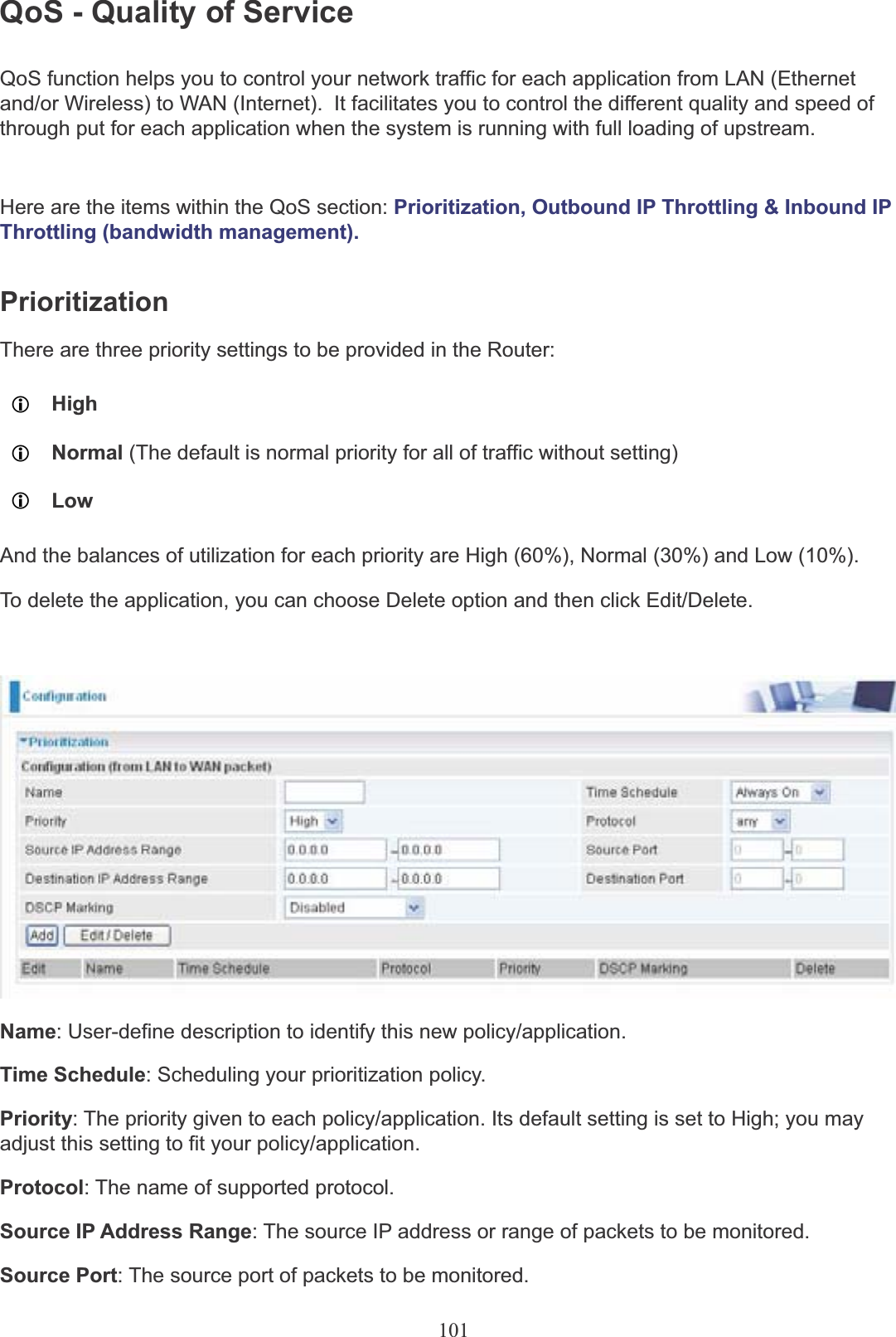 101QoS - Quality of ServiceQoS function helps you to control your network traffic for each application from LAN (Ethernet and/or Wireless) to WAN (Internet).  It facilitates you to control the different quality and speed of through put for each application when the system is running with full loading of upstream.Here are the items within the QoS section: Prioritization, Outbound IP Throttling &amp; Inbound IP Throttling (bandwidth management).PrioritizationThere are three priority settings to be provided in the Router:LHighLNormal (The default is normal priority for all of traffic without setting)LLowAnd the balances of utilization for each priority are High (60%), Normal (30%) and Low (10%).To delete the application, you can choose Delete option and then click Edit/Delete.Name: User-define description to identify this new policy/application.Time Schedule: Scheduling your prioritization policy.Priority: The priority given to each policy/application. Its default setting is set to High; you mayadjust this setting to fit your policy/application.Protocol: The name of supported protocol.Source IP Address Range: The source IP address or range of packets to be monitored.Source Port: The source port of packets to be monitored.