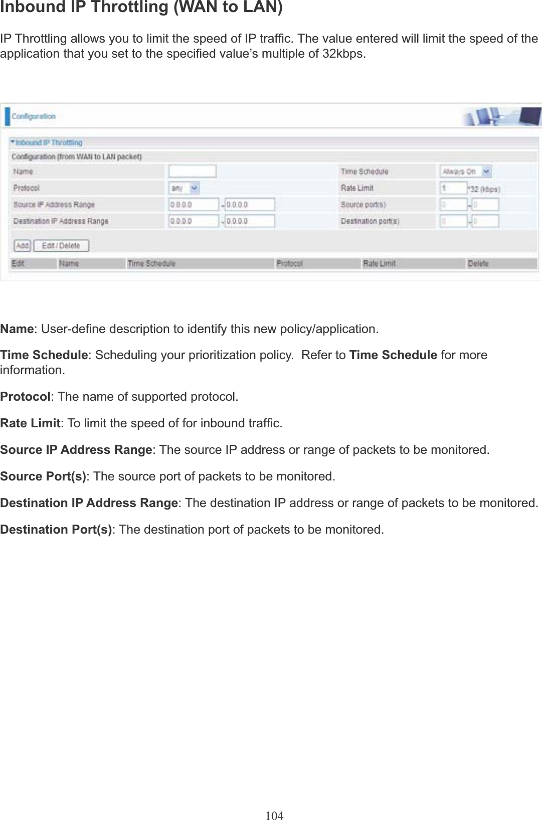 104Inbound IP Throttling (WAN to LAN)IP Throttling allows you to limit the speed of IP traffic. The value entered will limit the speed of the application that you set to the specified value’s multiple of 32kbps.Name: User-define description to identify this new policy/application.Time Schedule: Scheduling your prioritization policy.  Refer to Time Schedule for more information.Protocol: The name of supported protocol.Rate Limit: To limit the speed of for inbound traffic.Source IP Address Range: The source IP address or range of packets to be monitored.Source Port(s): The source port of packets to be monitored.Destination IP Address Range: The destination IP address or range of packets to be monitored.Destination Port(s): The destination port of packets to be monitored.