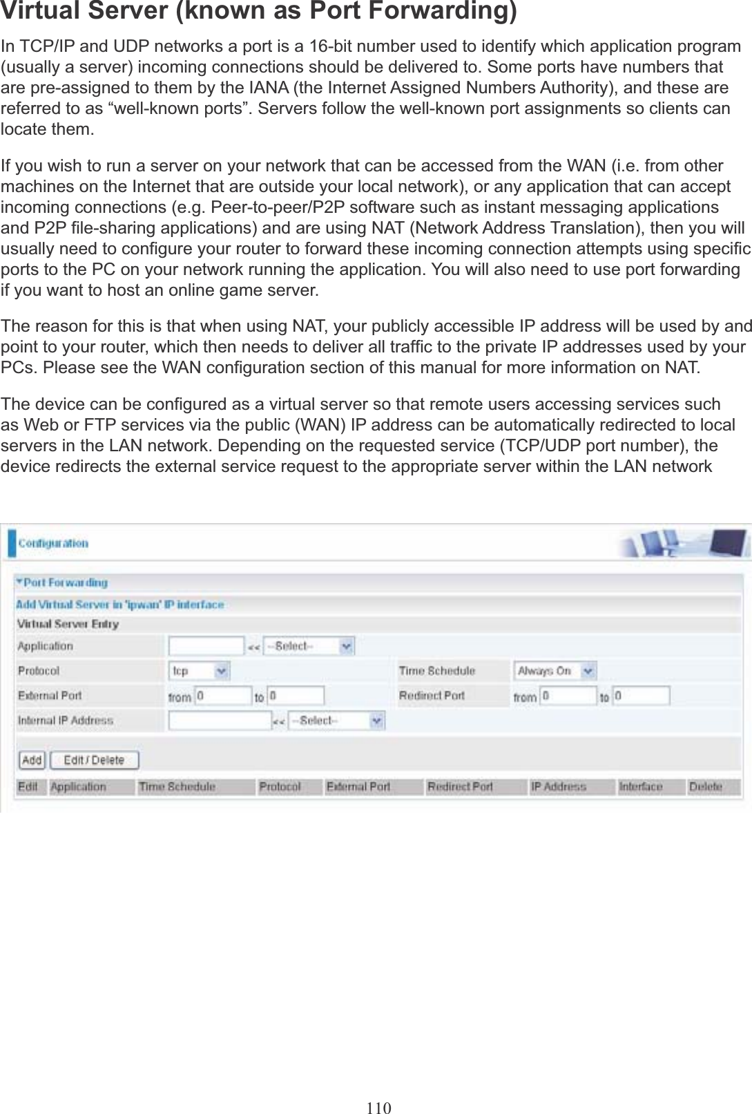 110Virtual Server (known as Port Forwarding)In TCP/IP and UDP networks a port is a 16-bit number used to identify which application program (usually a server) incoming connections should be delivered to. Some ports have numbers that are pre-assigned to them by the IANA (the Internet Assigned Numbers Authority), and these are referred to as “well-known ports”. Servers follow the well-known port assignments so clients can locate them.If you wish to run a server on your network that can be accessed from the WAN (i.e. from other machines on the Internet that are outside your local network), or any application that can accept incoming connections (e.g. Peer-to-peer/P2P software such as instant messaging applicationsand P2P file-sharing applications) and are using NAT (Network Address Translation), then you will usually need to configure your router to forward these incoming connection attempts using specific ports to the PC on your network running the application. You will also need to use port forwardingif you want to host an online game server.The reason for this is that when using NAT, your publicly accessible IP address will be used by and point to your router, which then needs to deliver all traffic to the private IP addresses used by your PCs. Please see the WAN configuration section of this manual for more information on NAT.The device can be configured as a virtual server so that remote users accessing services such as Web or FTP services via the public (WAN) IP address can be automatically redirected to local servers in the LAN network. Depending on the requested service (TCP/UDP port number), the device redirects the external service request to the appropriate server within the LAN network