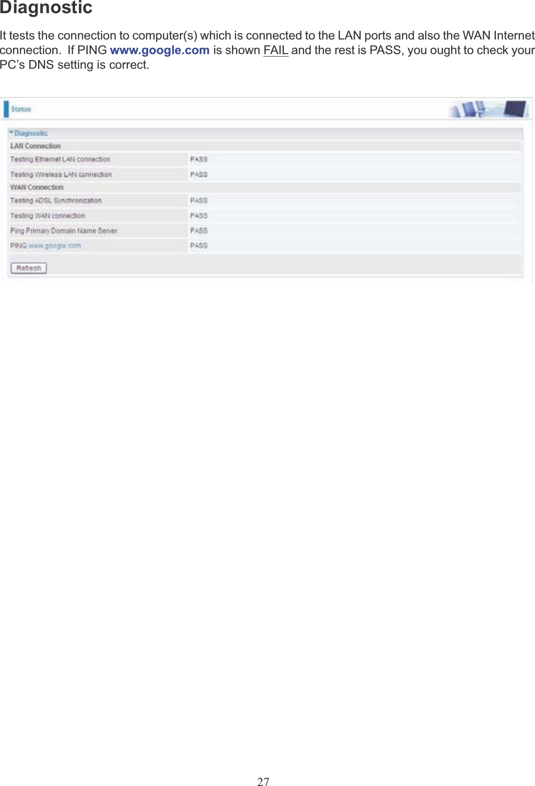 27DiagnosticIt tests the connection to computer(s) which is connected to the LAN ports and also the WAN Internet connection. If PING www.google.com is shown FAIL and the rest is PASS, you ought to check your PC’s DNS setting is correct.