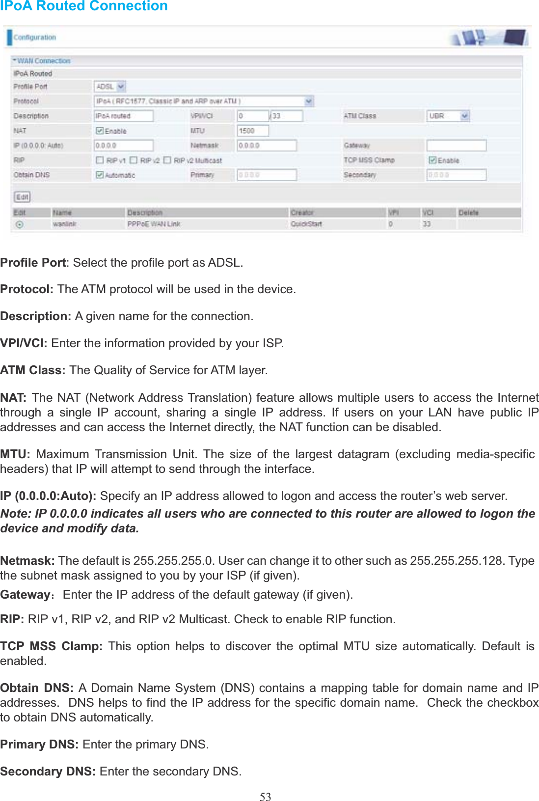 53IPoA Routed ConnectionProfile Port: Select the profile port as ADSL.Protocol: The ATM protocol will be used in the device. Description: A given name for the connection. VPI/VCI: Enter the information provided by your ISP. ATM Class: The Quality of Service for ATM layer.NAT:  The NAT (Network Address Translation) feature allows multiple users to access the Internet through a single IP account, sharing a single IP address. If users on your LAN have public IP addresses and can access the Internet directly, the NAT function can be disabled.MTU: Maximum Transmission Unit. The size of the largest datagram (excluding media-specificheaders) that IP will attempt to send through the interface.IP (0.0.0.0:Auto): Specify an IP address allowed to logon and access the router’s web server.Note: IP 0.0.0.0 indicates all users who are connected to this router are allowed to logon the device and modify data.Netmask: The default is 255.255.255.0. User can change it to other such as 255.255.255.128. Type the subnet mask assigned to you by your ISP (if given).Gateway˖Enter the IP address of the default gateway (if given).RIP: RIP v1, RIP v2, and RIP v2 Multicast. Check to enable RIP function.TCP MSS Clamp: This option helps to discover the optimal MTU size automatically. Default is enabled.Obtain DNS: A Domain Name System (DNS) contains a mapping table for domain name and IP addresses.  DNS helps to find the IP address for the specific domain name.  Check the checkbox to obtain DNS automatically.Primary DNS: Enter the primary DNS.Secondary DNS: Enter the secondary DNS.
