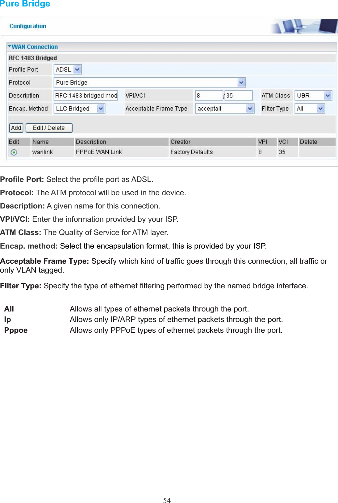 54Pure BridgeProfile Port: Select the profile port as ADSL.Protocol: The ATM protocol will be used in the device. Description: A given name for this connection. VPI/VCI: Enter the information provided by your ISP. ATM Class: The Quality of Service for ATM layer. Encap. method: Select the encapsulation format, this is provided by your ISP.Acceptable Frame Type: Specify which kind of traffic goes through this connection, all traffic or only VLAN tagged.Filter Type: Specify the type of ethernet filtering performed by the named bridge interface.All Allows all types of ethernet packets through the port.Ip Allows only IP/ARP types of ethernet packets through the port.  Pppoe Allows only PPPoE types of ethernet packets through the port. 