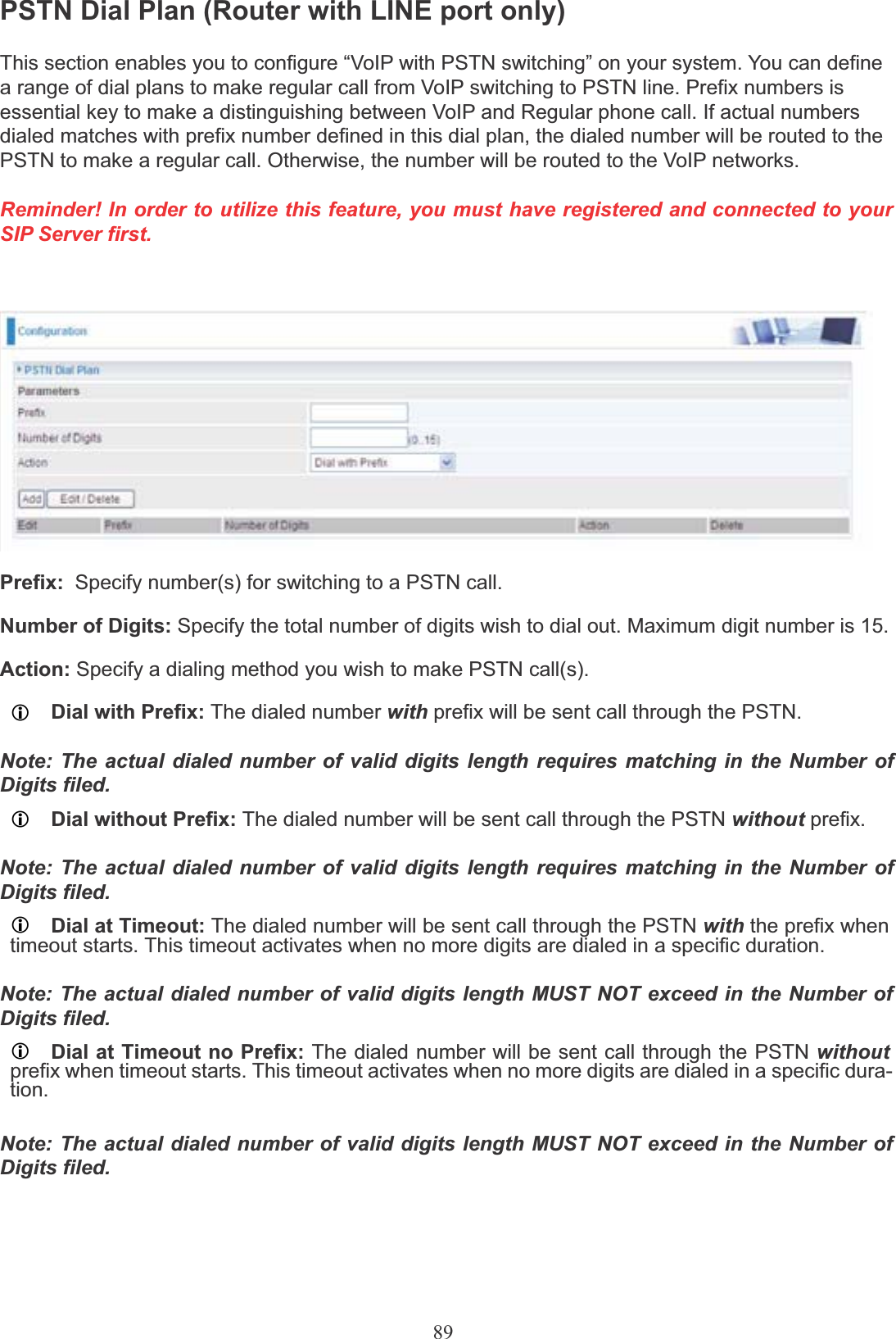 89PSTN Dial Plan (Router with LINE port only)This section enables you to configure “VoIP with PSTN switching” on your system. You can define a range of dial plans to make regular call from VoIP switching to PSTN line. Prefix numbers is essential key to make a distinguishing between VoIP and Regular phone call. If actual numbers dialed matches with prefix number defined in this dial plan, the dialed number will be routed to the PSTN to make a regular call. Otherwise, the number will be routed to the VoIP networks.Reminder! In order to utilize this feature, you must have registered and connected to yourSIP Server first.Prefix: Specify number(s) for switching to a PSTN call.Number of Digits: Specify the total number of digits wish to dial out. Maximum digit number is 15.Action: Specify a dialing method you wish to make PSTN call(s).LDial with Prefix: The dialed number with prefix will be sent call through the PSTN.Note: The actual dialed number of valid digits length requires matching in the Number ofDigits filed.LDial without Prefix: The dialed number will be sent call through the PSTN without prefix.Note: The actual dialed number of valid digits length requires matching in the Number ofDigits filed.LDial at Timeout: The dialed number will be sent call through the PSTN with the prefix whentimeout starts. This timeout activates when no more digits are dialed in a specific duration.Note: The actual dialed number of valid digits length MUST NOT exceed in the Number ofDigits filed.LDial at Timeout no Prefix: The dialed number will be sent call through the PSTN withoutprefix when timeout starts. This timeout activates when no more digits are dialed in a specific dura- tion.Note: The actual dialed number of valid digits length MUST NOT exceed in the Number ofDigits filed.