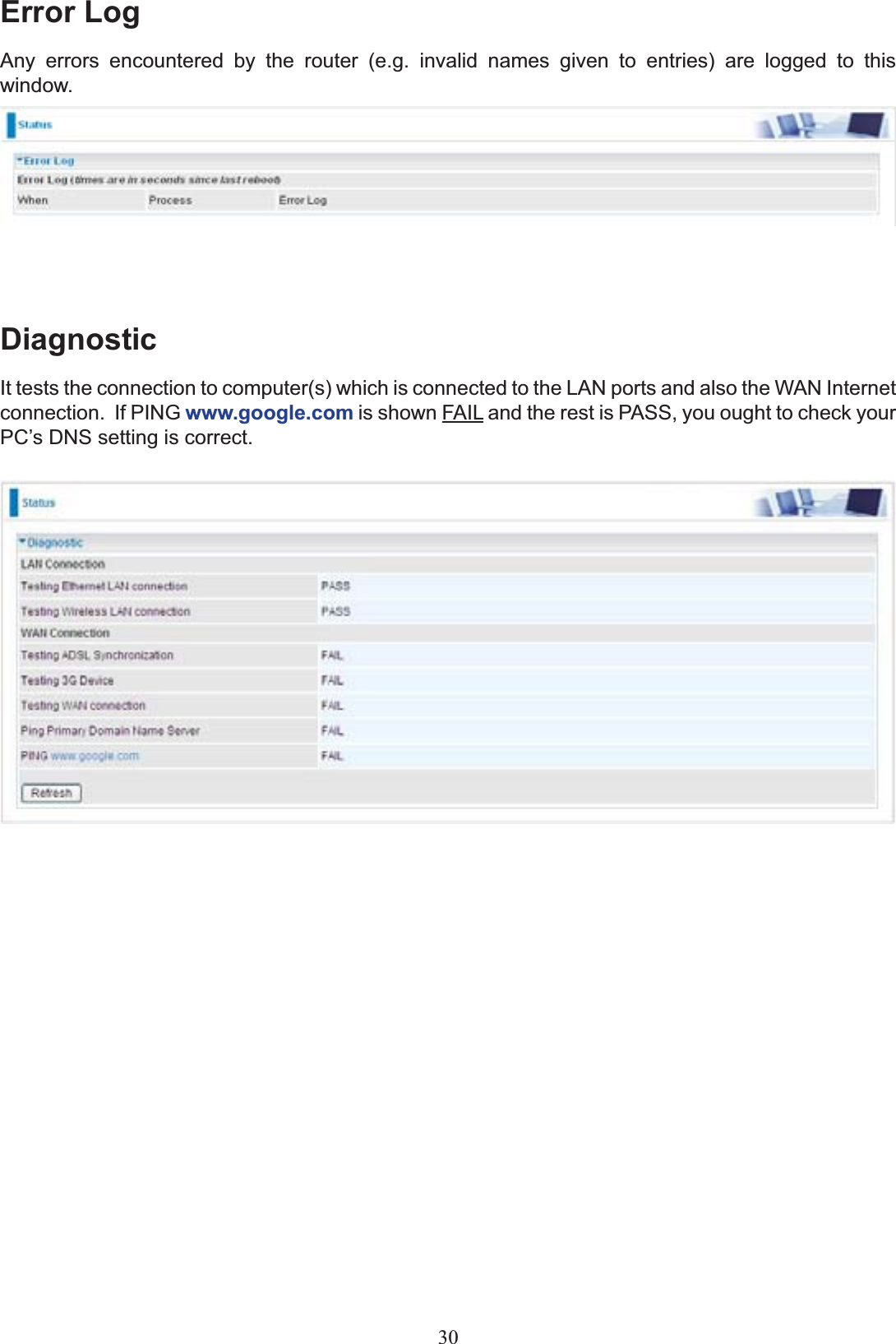 Error LogAny errors encountered by the router (e.g. invalid names given to entries) are logged to this window.DiagnosticIt tests the connection to computer(s) which is connected to the /$1SRUWVDQGDOVRWKH:$1,QWHUQHWconnection.  If PING www.google.com is shown FAIL and the rest is PASS, you ought to check your 3&amp;¶V&apos;16VHWWLQJLVFRUUHFW30