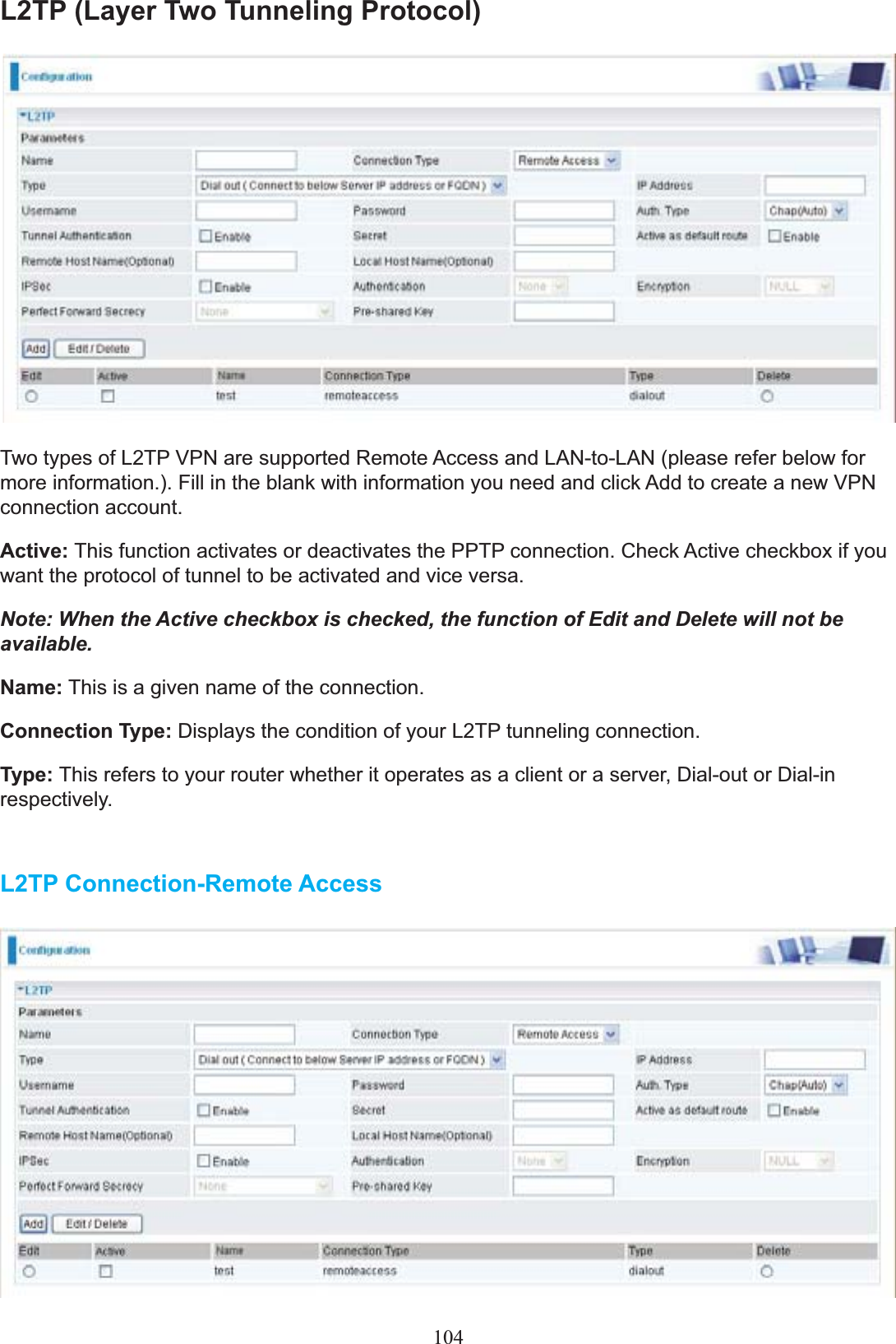 L2TP (Layer Two Tunneling Protocol)Two types of L2TP VPN are supported Remote Access and LAN-to-LAN (please refer below for more information.). Fill in the blank with information you need and click Add to create a new VPN connection account.Active: This function activates or deactivates the PPTP connection. Check Active checkbox if you want the protocol of tunnel to be activated and vice versa.Note: When the Active checkbox is checked, the function of Edit and Delete will not be available.Name: This is a given name of the connection.Connection Type: Displays the condition of your L2TP tunneling connection.Type: This refers to your router whether it operates as a client or a server, Dial-out or Dial-in respectively. L2TP Connection-Remote Access104