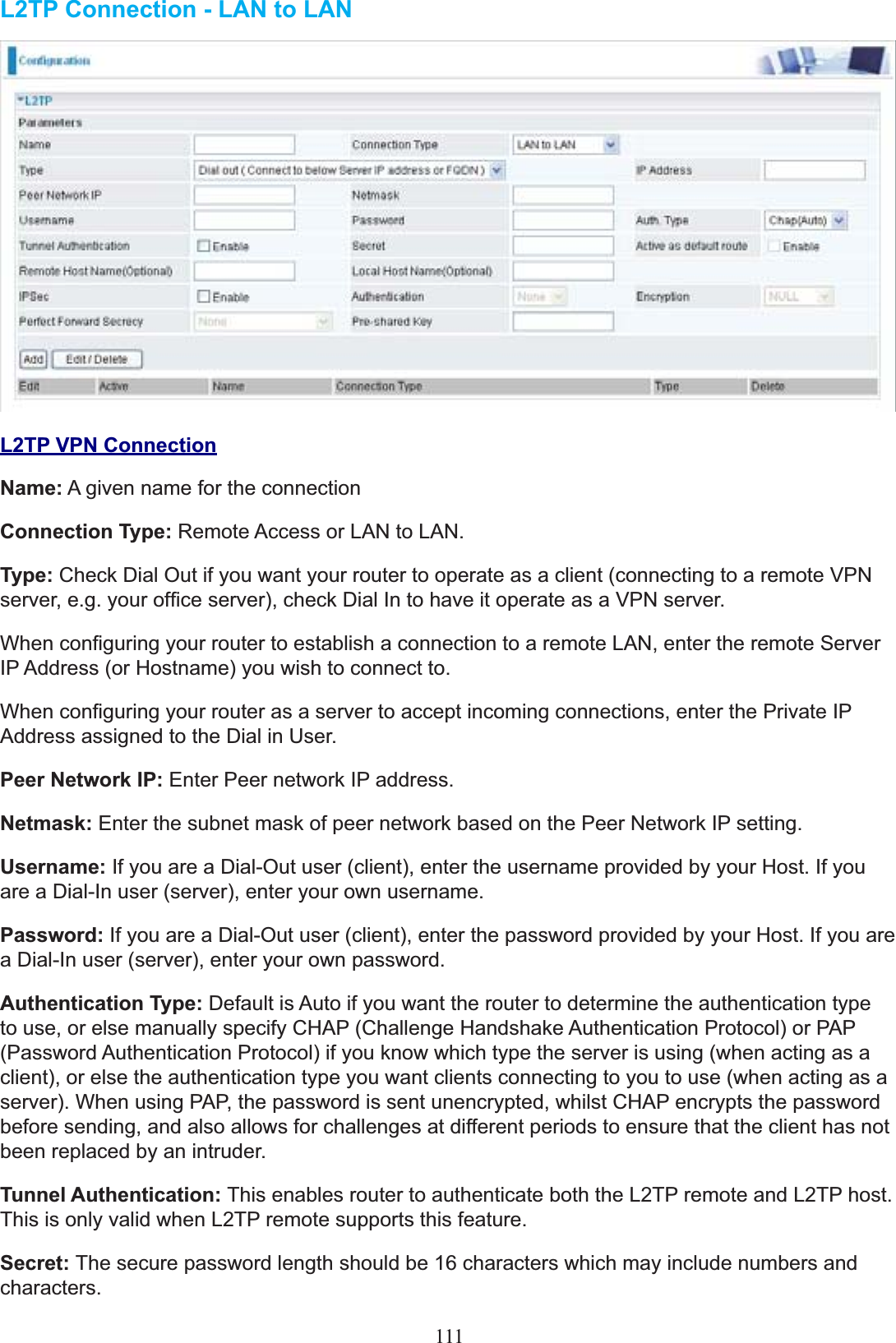 L2TP Connection - LAN to LANL2TP VPN ConnectionName: A given name for the connection Connection Type: Remote Access or LAN to LAN.Type: Check Dial Out if you want your router to operate as a client (connecting to a remote VPN VHUYHUHJ\RXURI¿FHVHUYHUFKHFN&apos;LDO,QWRKDYHLWRSHUDWHDVD931VHUYHU:KHQFRQ¿JXULQJ\RXUURXWHUWRHVWDEOLVKDFRQQHFWLRQWRDUHPRWH/$1HQWHUWKHUHPRWH6HUYHUIP Address (or Hostname) you wish to connect to.:KHQFRQ¿JXULQJ\RXUURXWHUDVDVHUYHUWRDFFHSWLQFRPLQJFRQQHFWLRQVHQWHUWKH3ULYDWH,3Address assigned to the Dial in User.Peer Network IP: Enter Peer network IP address.Netmask: Enter the subnet mask of peer network based on the Peer Network IP setting.Username: If you are a Dial-Out user (client), enter the username provided by your Host. If you are a Dial-In user (server), enter your own username.Password: If you are a Dial-Out user (client), enter the password provided by your Host. If you are a Dial-In user (server), enter your own password.Authentication Type: Default is Auto if you want the router to determine the authentication type to use, or else manually specify CHAP (Challenge Handshake Authentication Protocol) or PAP (Password Authentication Protocol) if you know which type the server is using (when acting as a client), or else the authentication type you want clients connecting to you to use (when acting as a VHUYHU:KHQXVLQJ3$3WKHSDVVZRUGLVVHQWXQHQFU\SWHGZKLOVW&amp;+$3HQFU\SWVWKHSDVVZRUGbefore sending, and also allows for challenges at different periods to ensure that the client has not been replaced by an intruder.Tunnel Authentication: This enables router to authenticate both the L2TP remote and L2TP host. This is only valid when L2TP remote supports this feature.Secret: The secure password length should be 16 characters which may include numbers and characters.111