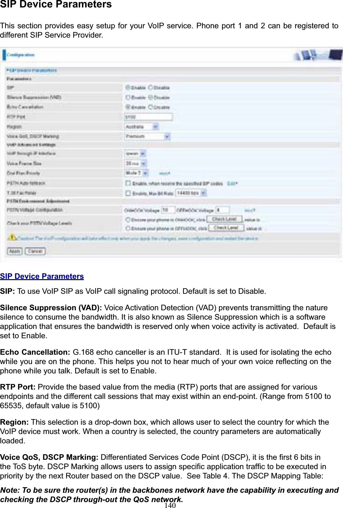 140SIP Device ParametersThis section provides easy setup for your VoIP service. Phone port 1 and 2 can be registered to different SIP Service Provider. SIP Device ParametersSIP: To use VoIP SIP as VoIP call signaling protocol. Default is set to Disable. Silence Suppression (VAD): Voice Activation Detection (VAD) prevents transmitting the nature silence to consume the bandwidth. It is also known as Silence Suppression which is a software application that ensures the bandwidth is reserved only when voice activity is activated.  Default is set to Enable. Echo Cancellation: G.168 echo canceller is an ITU-T standard.  It is used for isolating the echo while you are on the phone. This helps you not to hear much of your own voice reflecting on the phone while you talk. Default is set to Enable. RTP Port: Provide the based value from the media (RTP) ports that are assigned for various endpoints and the different call sessions that may exist within an end-point. (Range from 5100 to 65535, default value is 5100) Region: This selection is a drop-down box, which allows user to select the country for which the VoIP device must work. When a country is selected, the country parameters are automatically loaded.Voice QoS, DSCP Marking: Differentiated Services Code Point (DSCP), it is the first 6 bits in the ToS byte. DSCP Marking allows users to assign specific application traffic to be executed in priority by the next Router based on the DSCP value.  See Table 4. The DSCP Mapping Table: Note: To be sure the router(s) in the backbones network have the capability in executing and checking the DSCP through-out the QoS network.
