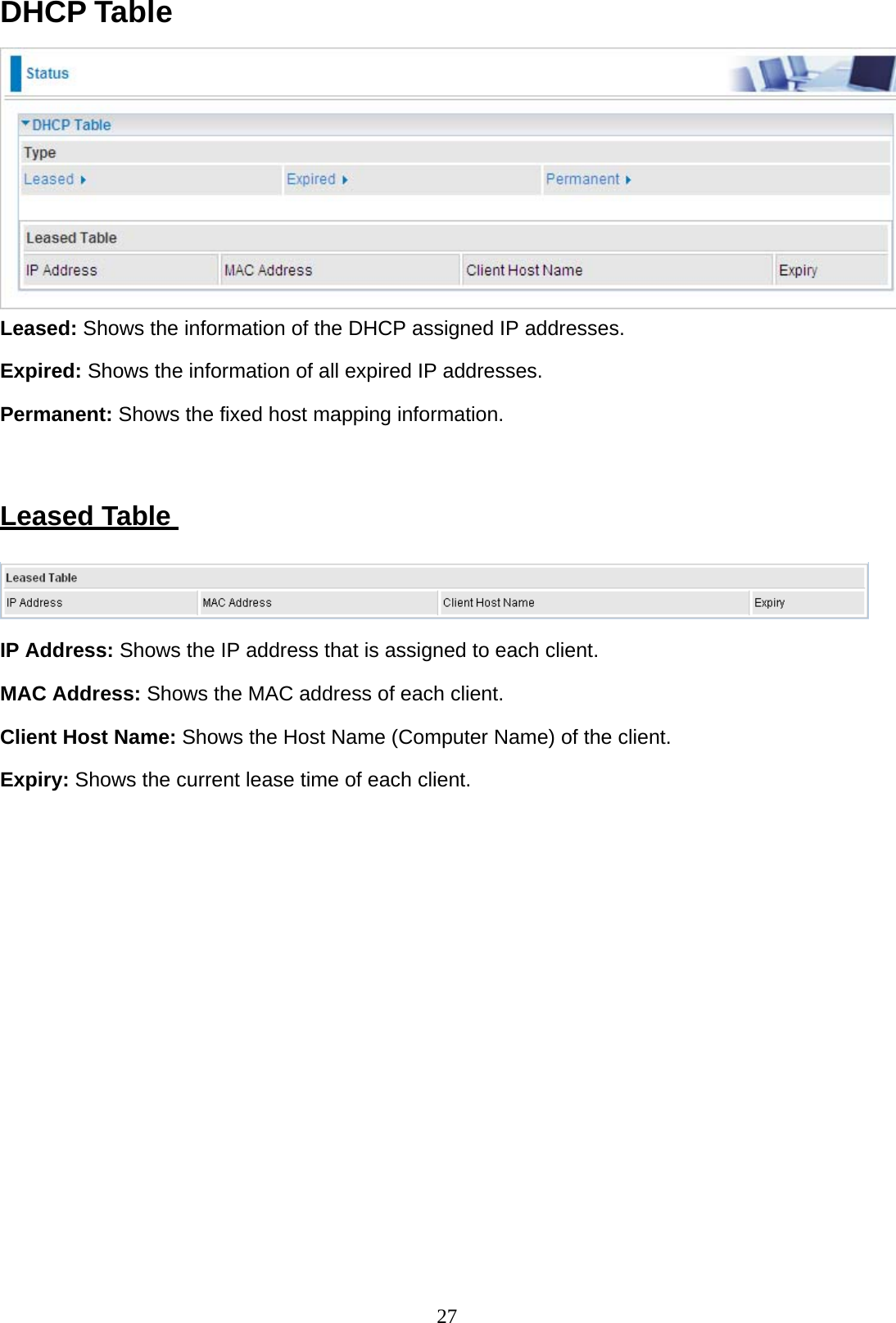 27 DHCP Table   Leased: Shows the information of the DHCP assigned IP addresses. Expired: Shows the information of all expired IP addresses. Permanent: Shows the fixed host mapping information.    Leased Table     IP Address: Shows the IP address that is assigned to each client.  MAC Address: Shows the MAC address of each client.  Client Host Name: Shows the Host Name (Computer Name) of the client.  Expiry: Shows the current lease time of each client. 