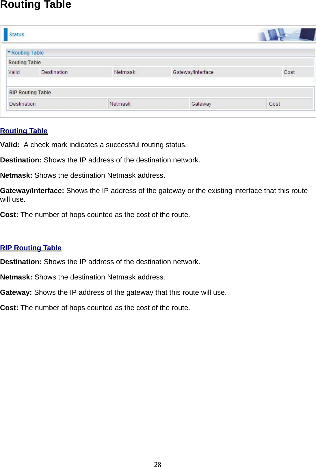 28 Routing Table       Routing Table  Valid:  A check mark indicates a successful routing status. Destination: Shows the IP address of the destination network. Netmask: Shows the destination Netmask address. Gateway/Interface: Shows the IP address of the gateway or the existing interface that this route will use.  Cost: The number of hops counted as the cost of the route.     RIP Routing Table  Destination: Shows the IP address of the destination network.  Netmask: Shows the destination Netmask address.  Gateway: Shows the IP address of the gateway that this route will use.  Cost: The number of hops counted as the cost of the route. 