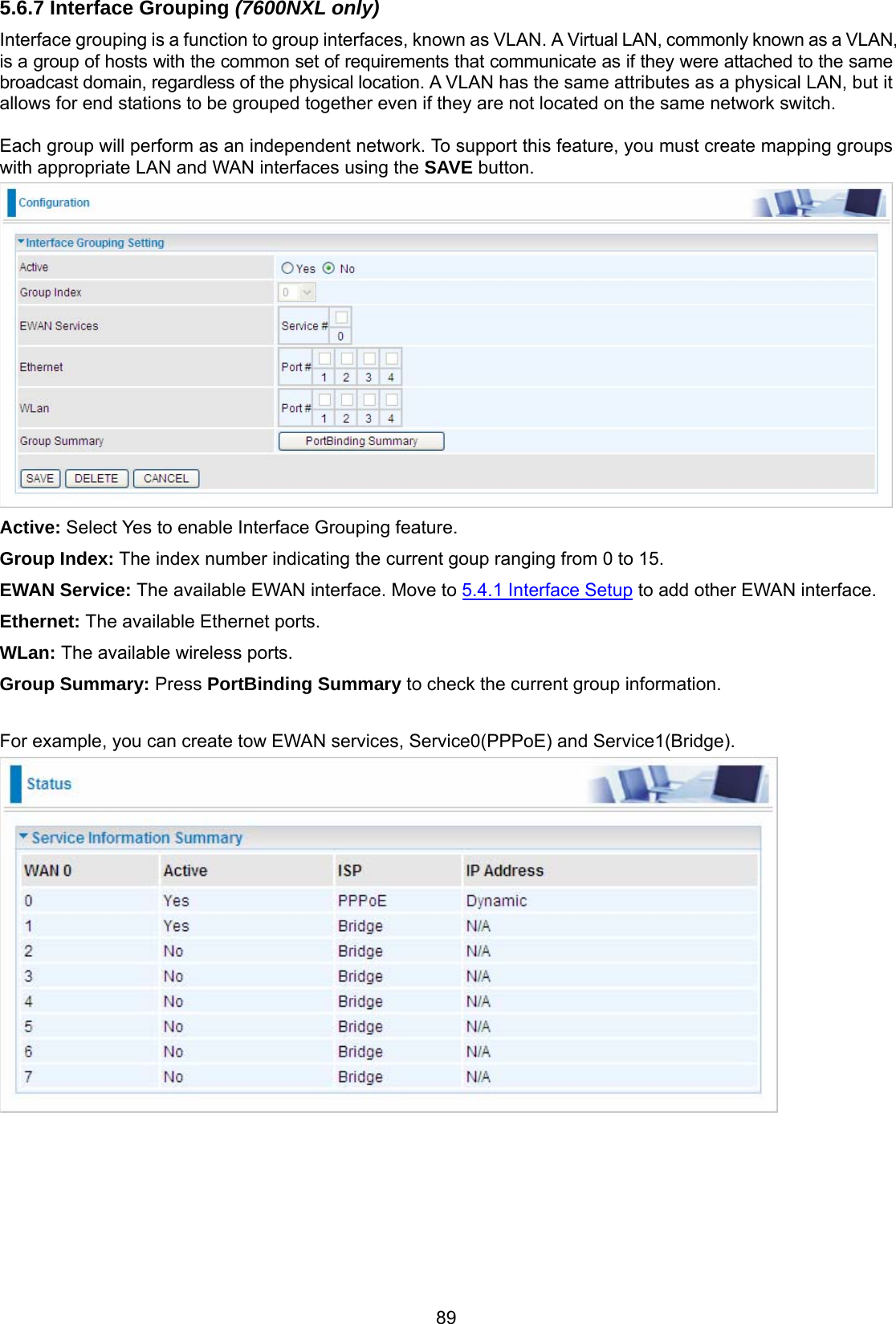 89 5.6.7 Interface Grouping (7600NXL only) Interface grouping is a function to group interfaces, known as VLAN. A Virtual LAN, commonly known as a VLAN, is a group of hosts with the common set of requirements that communicate as if they were attached to the same broadcast domain, regardless of the physical location. A VLAN has the same attributes as a physical LAN, but it allows for end stations to be grouped together even if they are not located on the same network switch.  Each group will perform as an independent network. To support this feature, you must create mapping groups with appropriate LAN and WAN interfaces using the SAVE button.   Active: Select Yes to enable Interface Grouping feature. Group Index: The index number indicating the current goup ranging from 0 to 15.  EWAN Service: The available EWAN interface. Move to 5.4.1 Interface Setup to add other EWAN interface. Ethernet: The available Ethernet ports. WLan: The available wireless ports. Group Summary: Press PortBinding Summary to check the current group information.  For example, you can create tow EWAN services, Service0(PPPoE) and Service1(Bridge).   