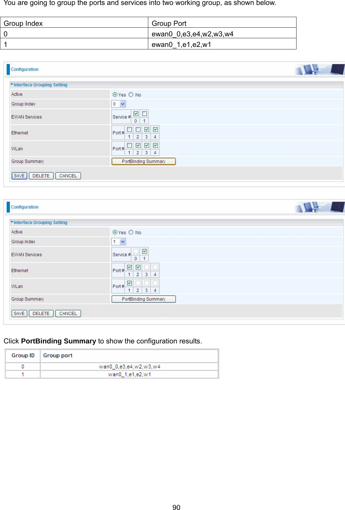 90 You are going to group the ports and services into two working group, as shown below.   Group Index  Group Port 0 ewan0_0,e3,e4,w2,w3,w4 1 ewan0_1,e1,e2,w1      Click PortBinding Summary to show the configuration results.   