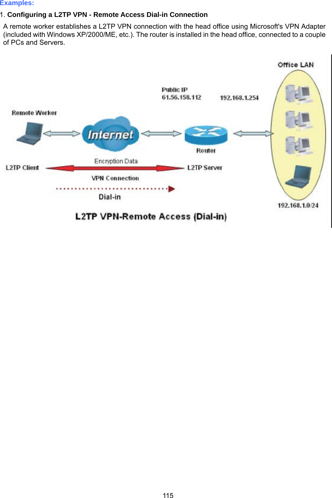 115 Examples: 1. Configuring a L2TP VPN - Remote Access Dial-in Connection A remote worker establishes a L2TP VPN connection with the head office using Microsoft&apos;s VPN Adapter (included with Windows XP/2000/ME, etc.). The router is installed in the head office, connected to a couple of PCs and Servers.   