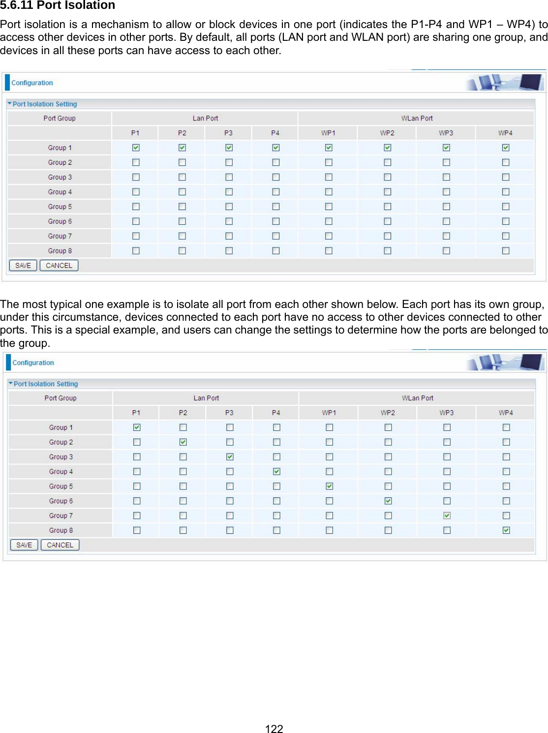 122 5.6.11 Port Isolation Port isolation is a mechanism to allow or block devices in one port (indicates the P1-P4 and WP1 – WP4) to access other devices in other ports. By default, all ports (LAN port and WLAN port) are sharing one group, and devices in all these ports can have access to each other.      The most typical one example is to isolate all port from each other shown below. Each port has its own group, under this circumstance, devices connected to each port have no access to other devices connected to other ports. This is a special example, and users can change the settings to determine how the ports are belonged to the group.   