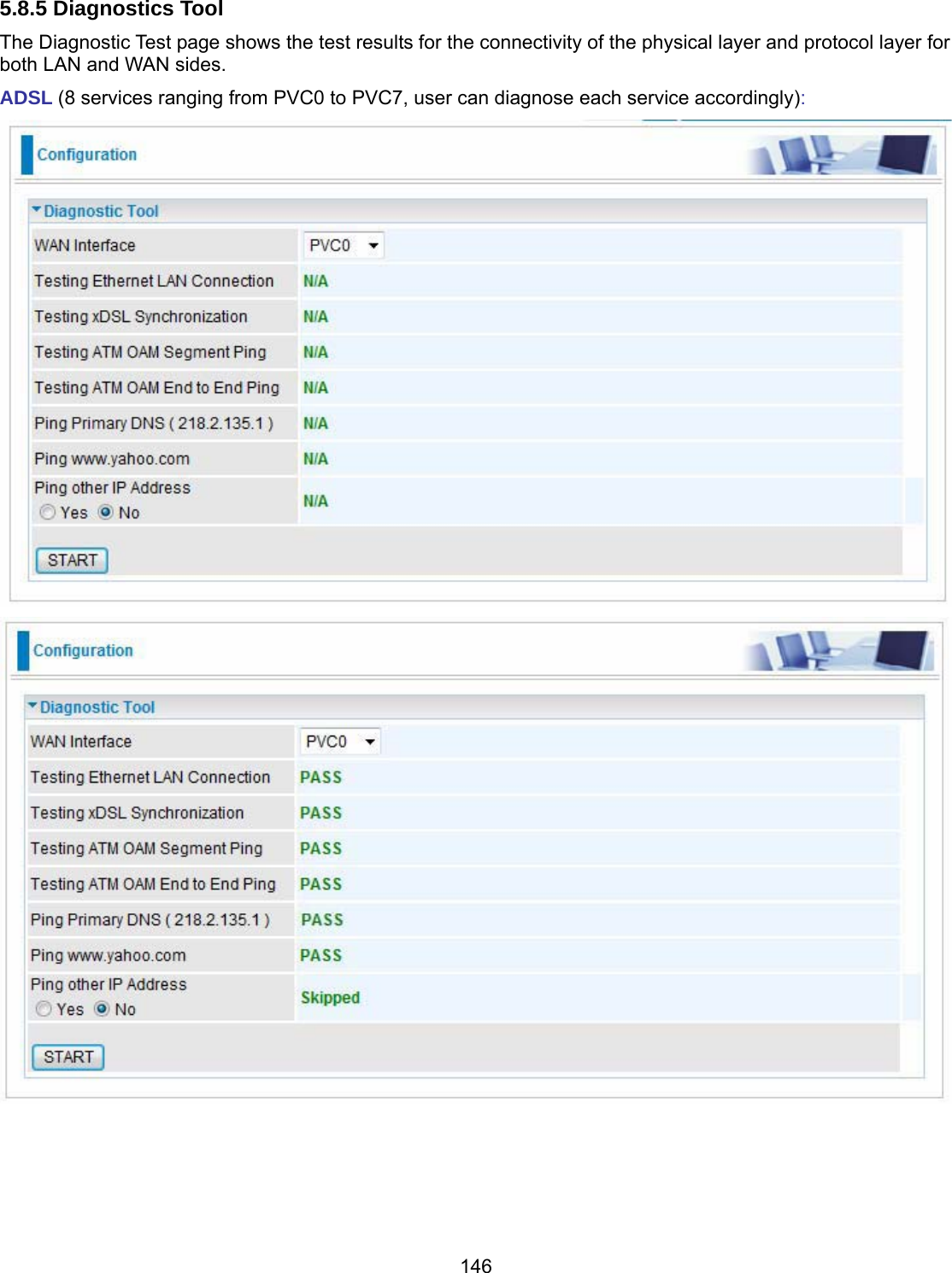146 5.8.5 Diagnostics Tool The Diagnostic Test page shows the test results for the connectivity of the physical layer and protocol layer for both LAN and WAN sides. ADSL (8 services ranging from PVC0 to PVC7, user can diagnose each service accordingly):       