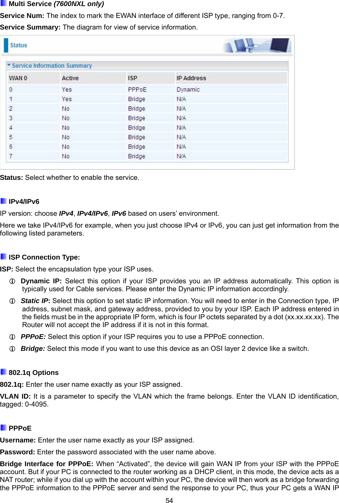 54  Multi Service (7600NXL only) Service Num: The index to mark the EWAN interface of different ISP type, ranging from 0-7. Service Summary: The diagram for view of service information.  Status: Select whether to enable the service.   IPv4/IPv6 IP version: choose IPv4, IPv4/IPv6, IPv6 based on users’ environment. Here we take IPv4/IPv6 for example, when you just choose IPv4 or IPv6, you can just get information from the following listed parameters.   ISP Connection Type:  ISP: Select the encapsulation type your ISP uses.   Dynamic IP: Select this option if your ISP provides you an IP address automatically. This option is typically used for Cable services. Please enter the Dynamic IP information accordingly.  Static IP: Select this option to set static IP information. You will need to enter in the Connection type, IP address, subnet mask, and gateway address, provided to you by your ISP. Each IP address entered in the fields must be in the appropriate IP form, which is four IP octets separated by a dot (xx.xx.xx.xx). The Router will not accept the IP address if it is not in this format.  PPPoE: Select this option if your ISP requires you to use a PPPoE connection.   Bridge: Select this mode if you want to use this device as an OSI layer 2 device like a switch.   802.1q Options 802.1q: Enter the user name exactly as your ISP assigned.  VLAN ID: It is a parameter to specify the VLAN which the frame belongs. Enter the VLAN ID identification, tagged: 0-4095.   PPPoE Username: Enter the user name exactly as your ISP assigned.  Password: Enter the password associated with the user name above. Bridge Interface for PPPoE: When “Activated”, the device will gain WAN IP from your ISP with the PPPoE account. But if your PC is connected to the router working as a DHCP client, in this mode, the device acts as a NAT router; while if you dial up with the account within your PC, the device will then work as a bridge forwarding the PPPoE information to the PPPoE server and send the response to your PC, thus your PC gets a WAN IP 
