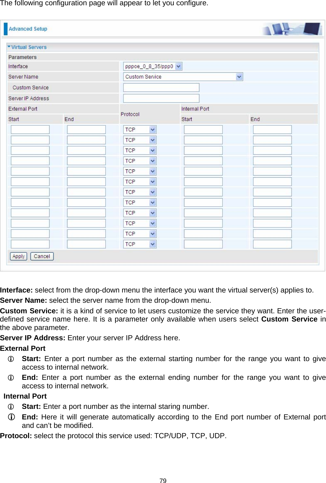  79 The following configuration page will appear to let you configure.    Interface: select from the drop-down menu the interface you want the virtual server(s) applies to. Server Name: select the server name from the drop-down menu. Custom Service: it is a kind of service to let users customize the service they want. Enter the user-defined service name here. It is a parameter only available when users select Custom Service in the above parameter. Server IP Address: Enter your server IP Address here. External Port L Start:  Enter a port number as the external starting number for the range you want to give access to internal network. L End:  Enter a port number as the external ending number for the range you want to give access to internal network. Internal Port L Start: Enter a port number as the internal staring number. L End: Here it will generate automatically according to the End port number of External port and can’t be modified. Protocol: select the protocol this service used: TCP/UDP, TCP, UDP.   