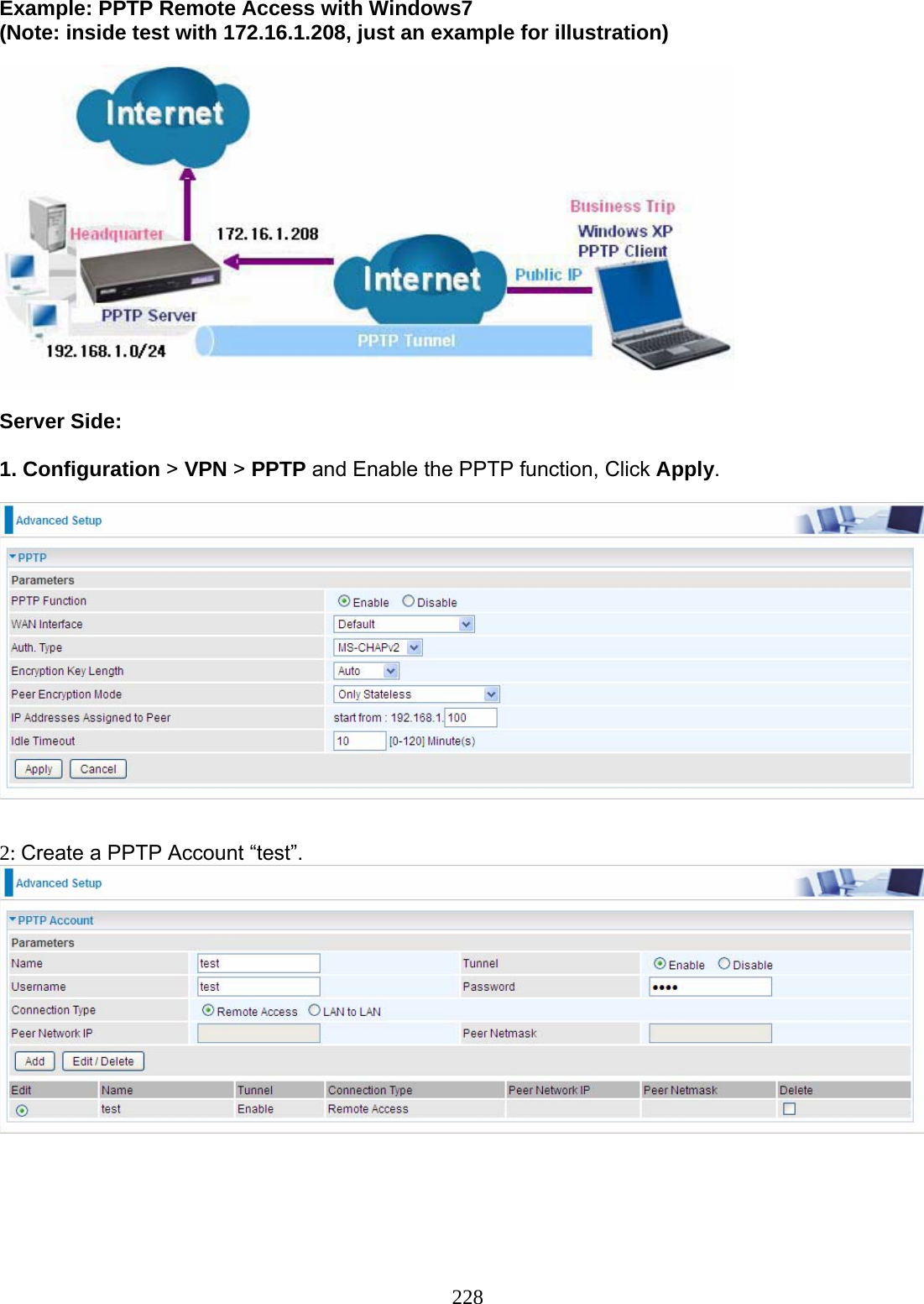 228 Example: PPTP Remote Access with Windows7  (Note: inside test with 172.16.1.208, just an example for illustration)    Server Side:  1. Configuration &gt; VPN &gt; PPTP and Enable the PPTP function, Click Apply.     2: Create a PPTP Account “test”.     
