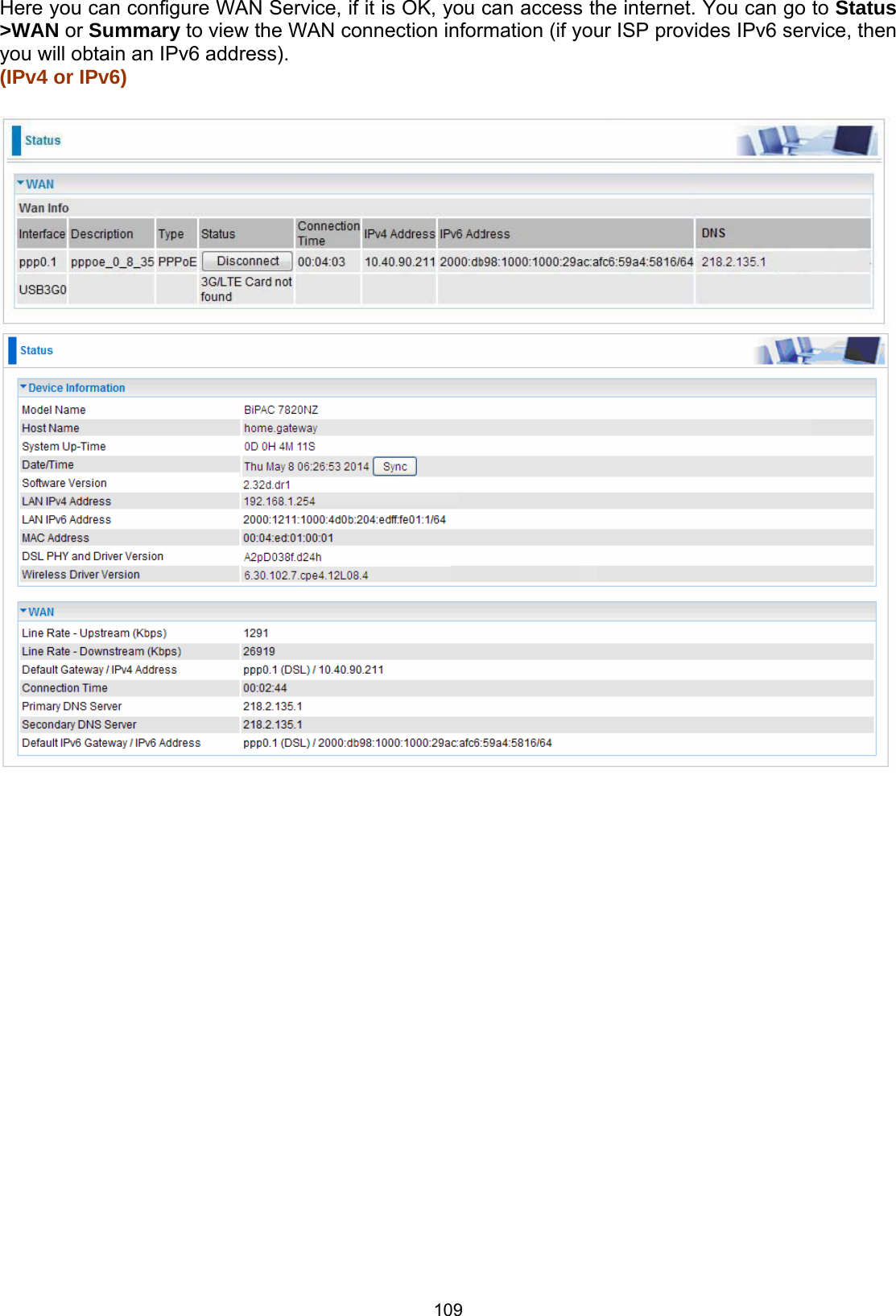  109 Here you can configure WAN Service, if it is OK, you can access the internet. You can go to Status &gt;WAN or Summary to view the WAN connection information (if your ISP provides IPv6 service, then you will obtain an IPv6 address). (IPv4 or IPv6)          