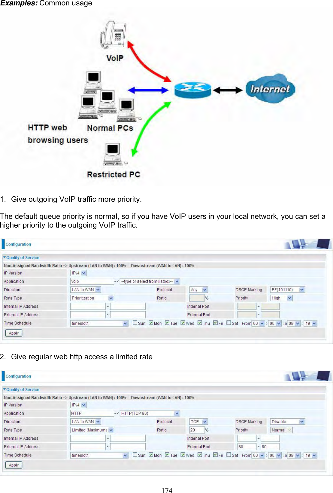 174Examples: Common usage1.  Give outgoing VoIP traffic more priority.  The default queue priority is normal, so if you have VoIP users in your local network, you can set a higher priority to the outgoing VoIP traffic. 2.  Give regular web http access a limited rate 