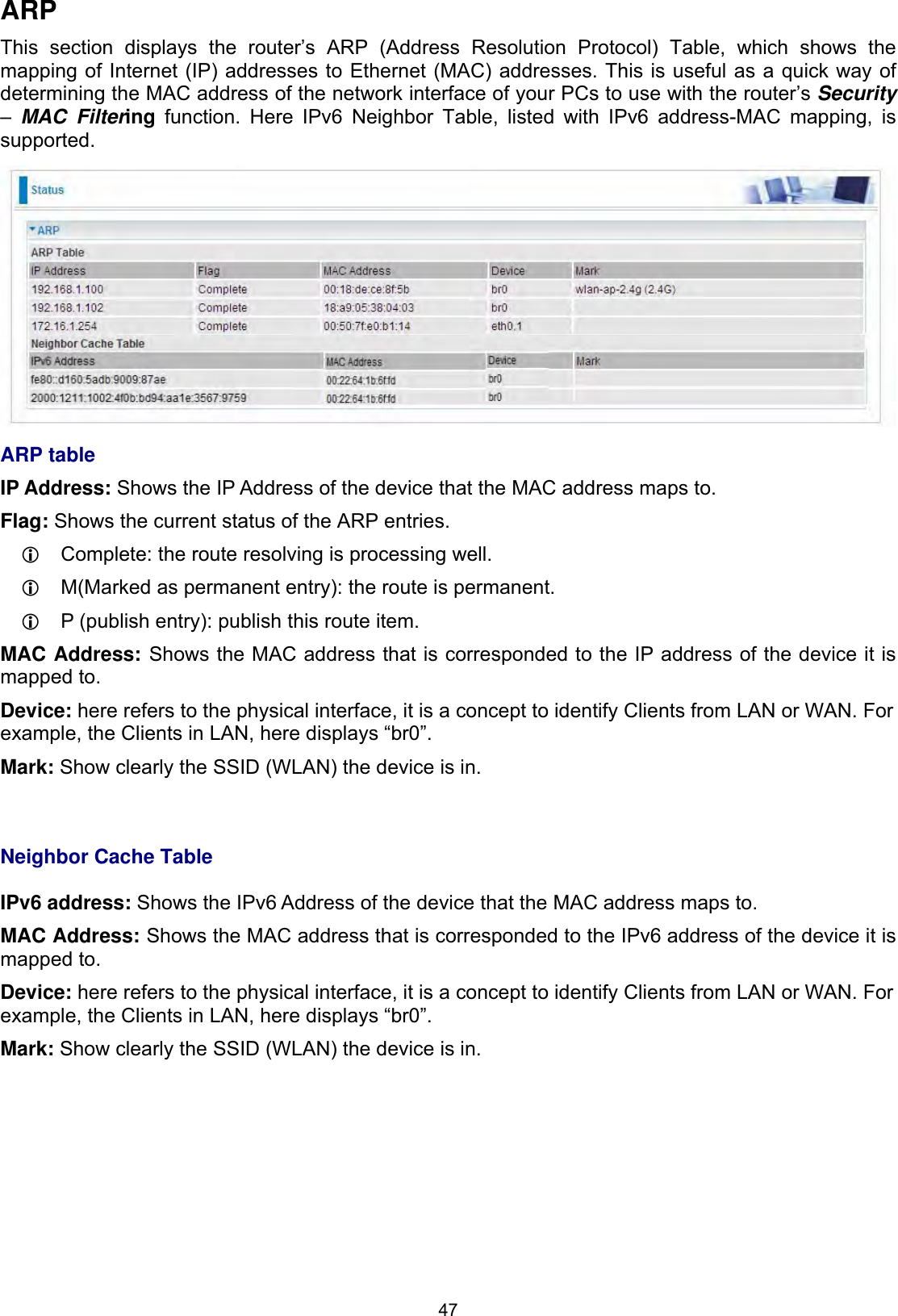 47ARPThis section displays the router’s ARP (Address Resolution Protocol) Table, which shows the mapping of Internet (IP) addresses to Ethernet (MAC) addresses. This is useful as a quick way of determining the MAC address of the network interface of your PCs to use with the router’s Security–MAC Filtering function. Here IPv6 Neighbor Table, listed with IPv6 address-MAC mapping, is supported.ARP table IP Address: Shows the IP Address of the device that the MAC address maps to. Flag: Shows the current status of the ARP entries. L  Complete: the route resolving is processing well. L  M(Marked as permanent entry): the route is permanent. L  P (publish entry): publish this route item. MAC Address: Shows the MAC address that is corresponded to the IP address of the device it is mapped to. Device: here refers to the physical interface, it is a concept to identify Clients from LAN or WAN. For example, the Clients in LAN, here displays “br0”. Mark: Show clearly the SSID (WLAN) the device is in. Neighbor Cache Table IPv6 address: Shows the IPv6 Address of the device that the MAC address maps to. MAC Address: Shows the MAC address that is corresponded to the IPv6 address of the device it is mapped to. Device: here refers to the physical interface, it is a concept to identify Clients from LAN or WAN. For example, the Clients in LAN, here displays “br0”. Mark: Show clearly the SSID (WLAN) the device is in. 