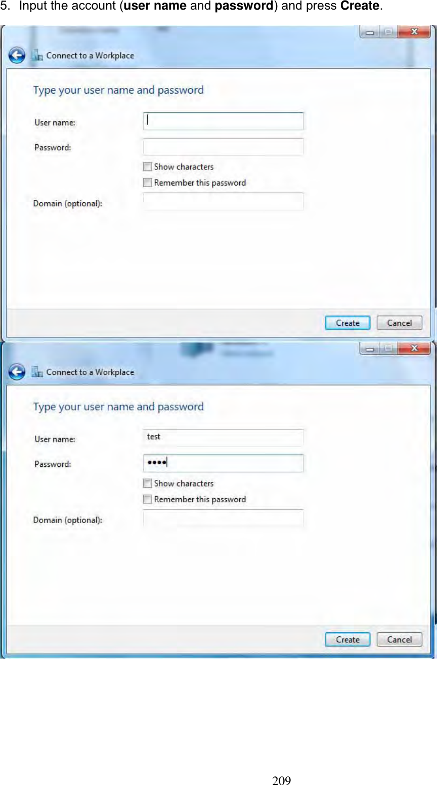 2095.  Input the account (user name and password) and press Create.