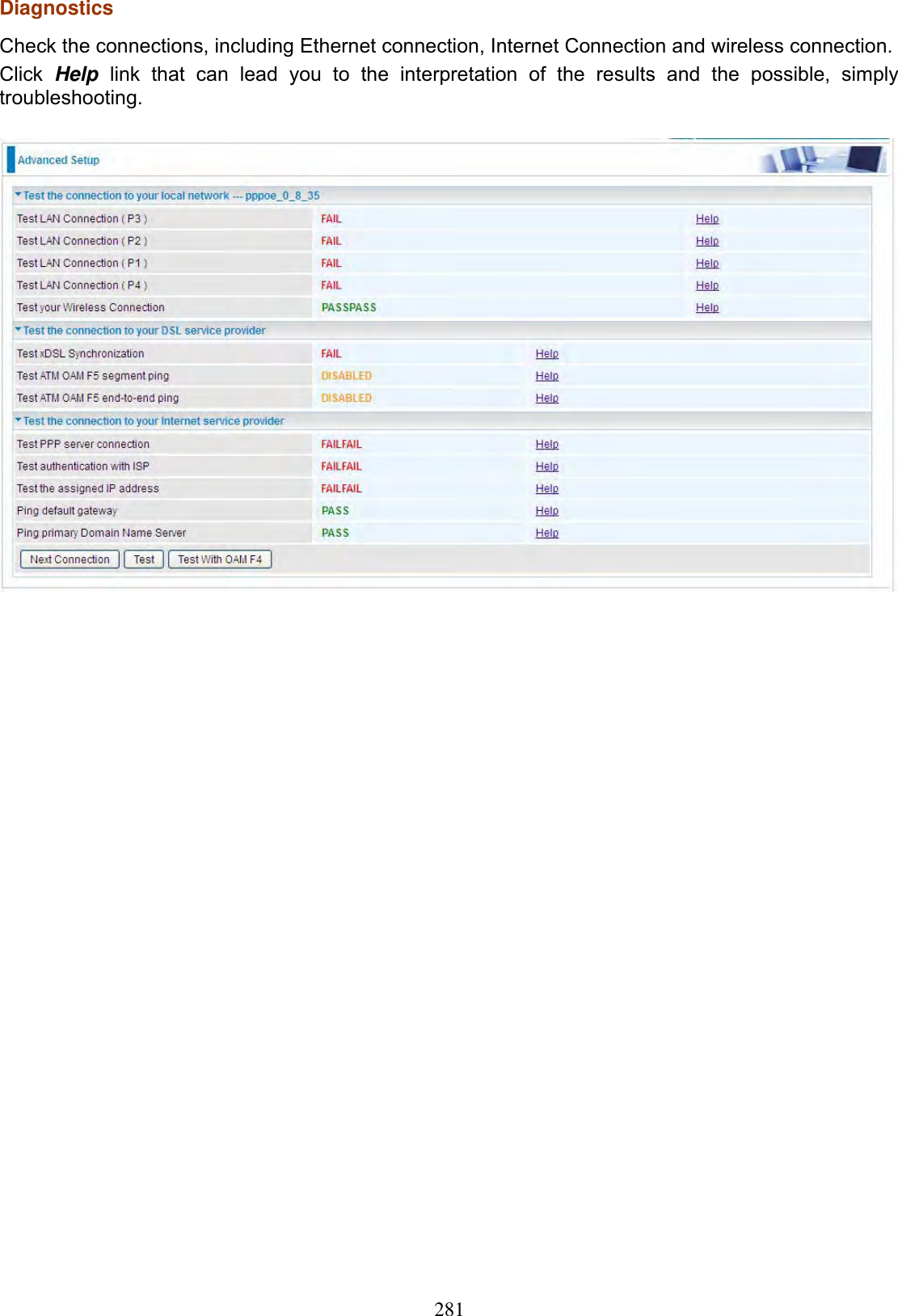 281DiagnosticsCheck the connections, including Ethernet connection, Internet Connection and wireless connection. Click Help link that can lead you to the interpretation of the results and the possible, simply troubleshooting.