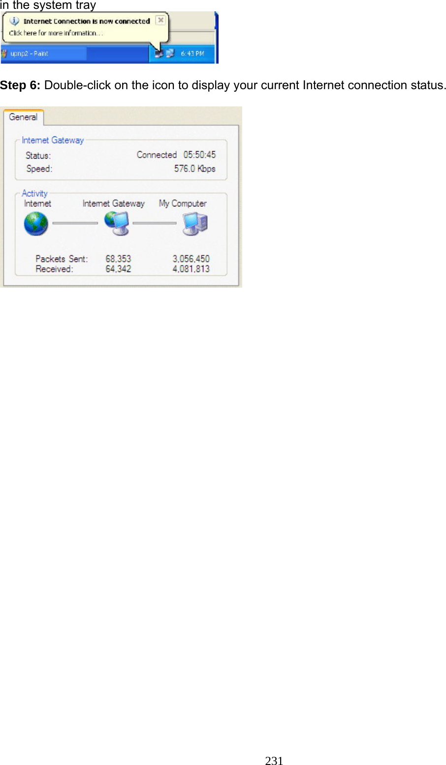 231 in the system tray    Step 6: Double-click on the icon to display your current Internet connection status.      