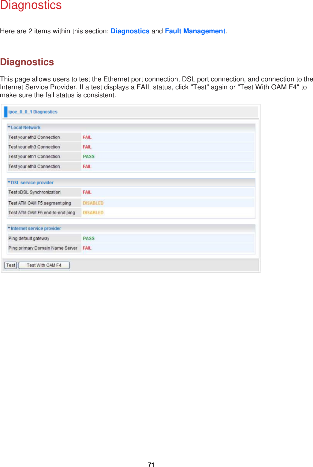  71 Diagnostics Here are 2 items within this section: Diagnostics and Fault Management.   Diagnostics This page allows users to test the Ethernet port connection, DSL port connection, and connection to the Internet Service Provider. If a test displays a FAIL status, click &quot;Test&quot; again or &quot;Test With OAM F4&quot; to make sure the fail status is consistent.     