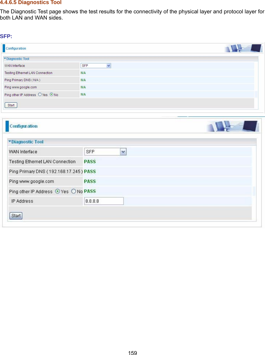 159 4.4.6.5 Diagnostics Tool The Diagnostic Test page shows the test results for the connectivity of the physical layer and protocol layer for both LAN and WAN sides.  SFP:               