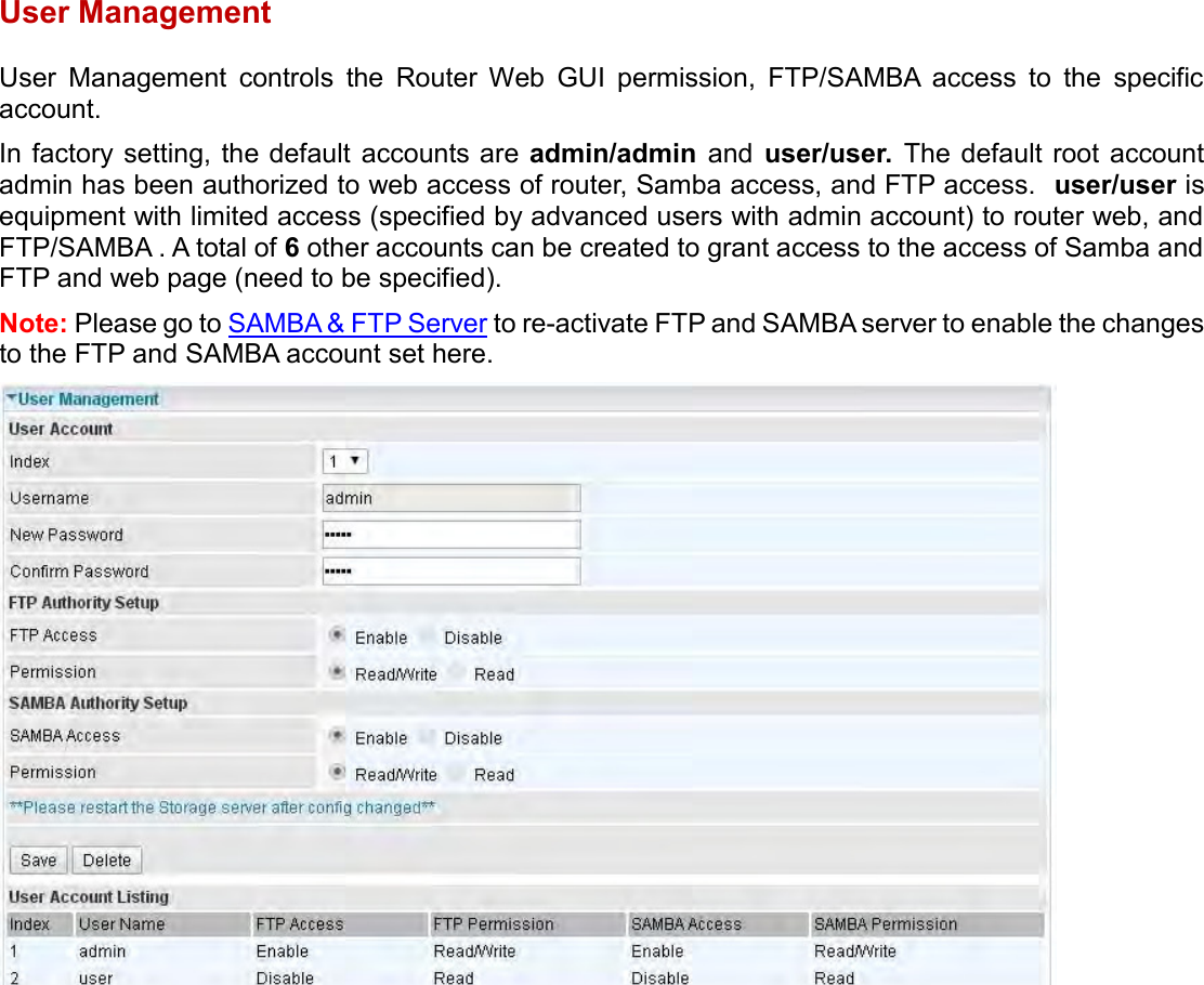    User Management  User  Management  controls  the  Router  Web  GUI  permission,  FTP/SAMBA  access  to  the  specific account.  In factory setting, the default  accounts are  admin/admin  and  user/user.  The  default root  account admin has been authorized to web access of router, Samba access, and FTP access.  user/user is equipment with limited access (specified by advanced users with admin account) to router web, and FTP/SAMBA . A total of 6 other accounts can be created to grant access to the access of Samba and FTP and web page (need to be specified). Note: Please go to SAMBA &amp; FTP Server to re-activate FTP and SAMBA server to enable the changes to the FTP and SAMBA account set here.   