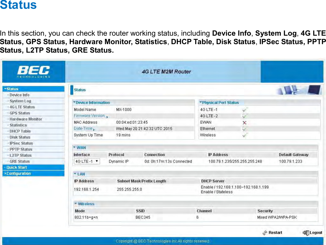    Status In this section, you can check the router working status, including Device Info, System Log, 4G LTE Status, GPS Status, Hardware Monitor, Statistics, DHCP Table, Disk Status, IPSec Status, PPTP Status, L2TP Status, GRE Status.    