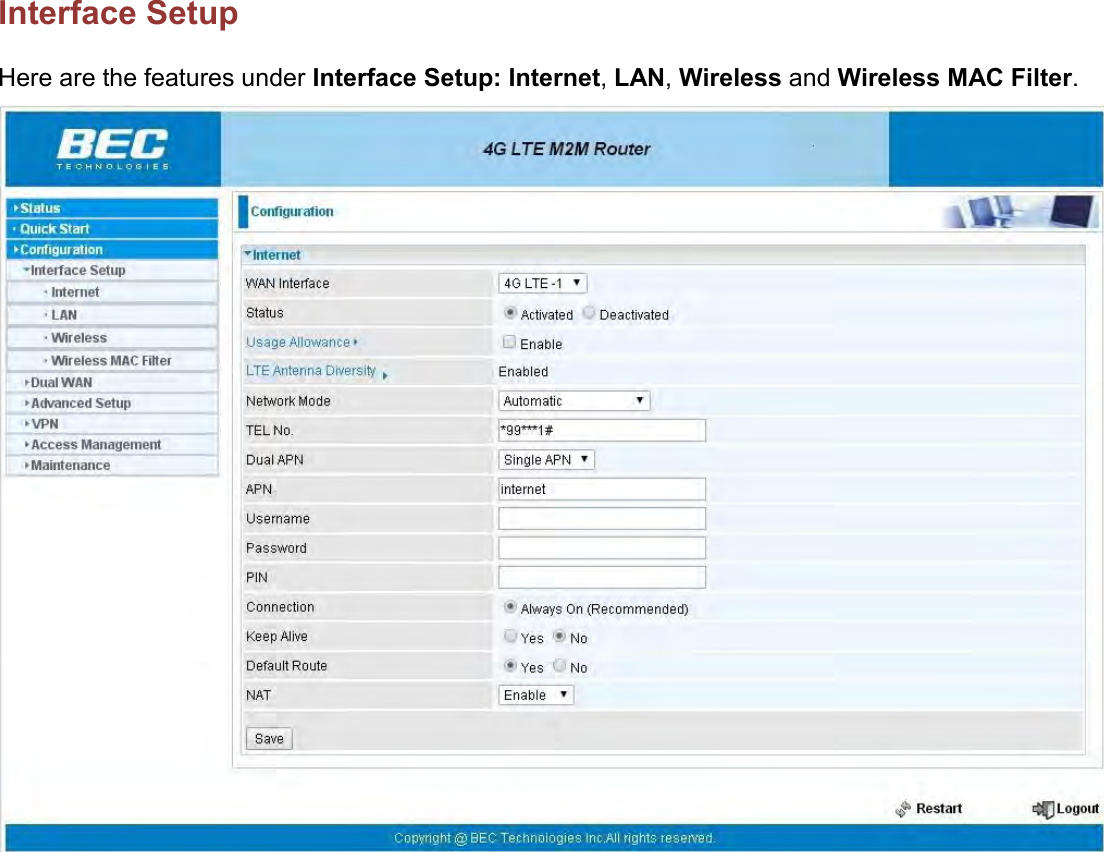    Interface Setup Here are the features under Interface Setup: Internet, LAN, Wireless and Wireless MAC Filter.    