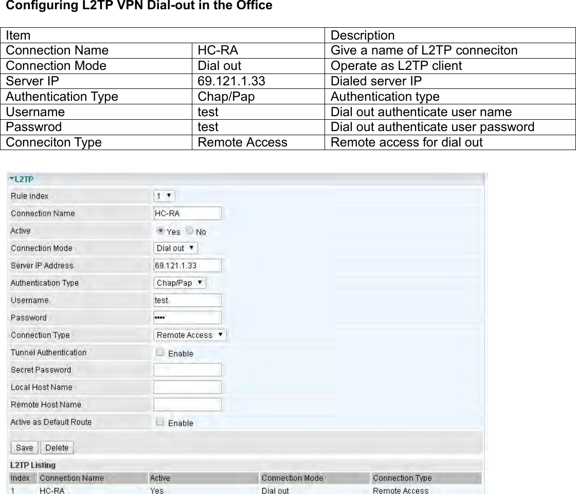    Configuring L2TP VPN Dial-out in the Office  Item Description Connection Name HC-RA Give a name of L2TP conneciton Connection Mode Dial out Operate as L2TP client Server IP 69.121.1.33 Dialed server IP Authentication Type Chap/Pap Authentication type Username test Dial out authenticate user name Passwrod test Dial out authenticate user password Conneciton Type Remote Access Remote access for dial out    