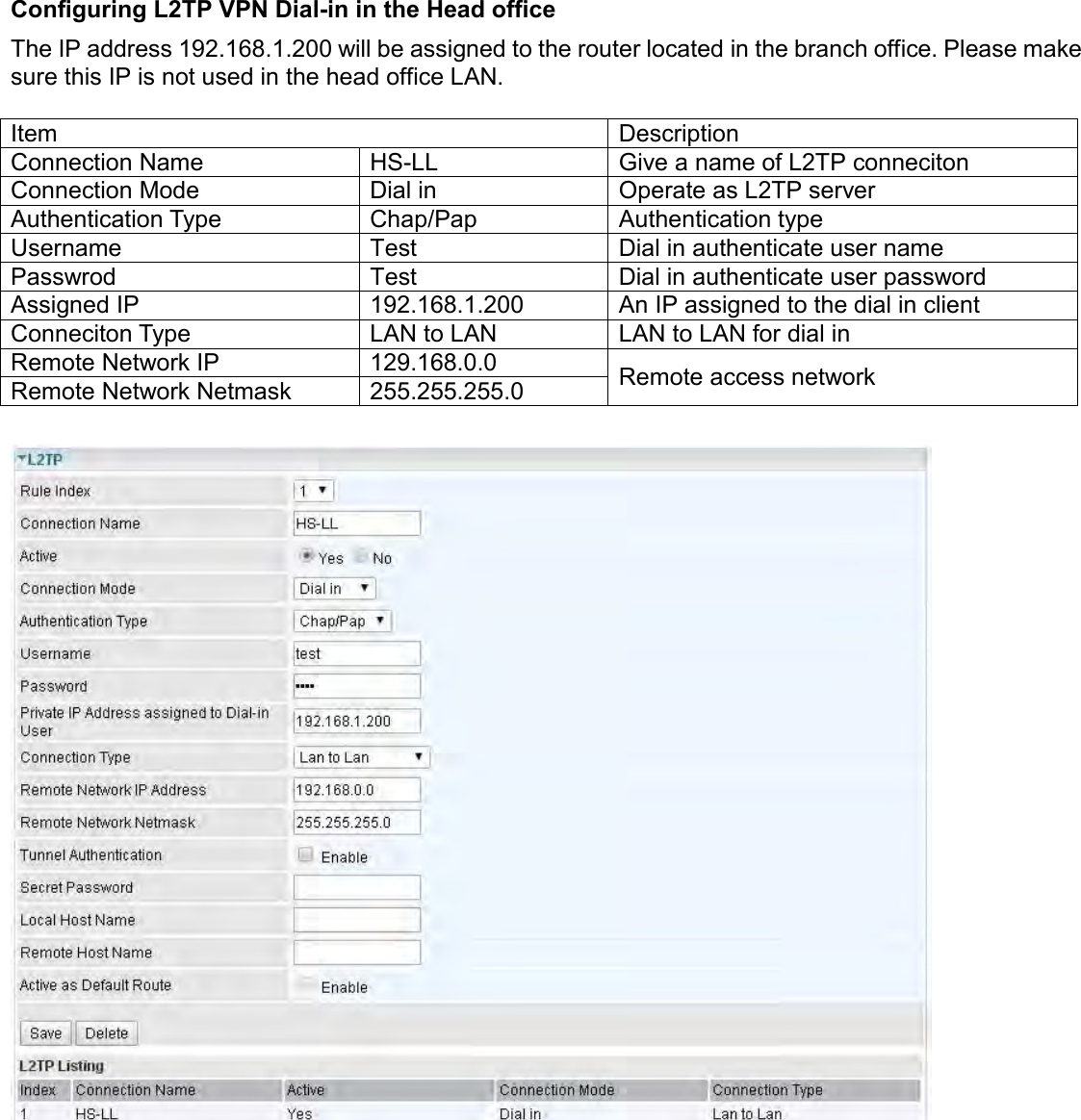    Configuring L2TP VPN Dial-in in the Head office The IP address 192.168.1.200 will be assigned to the router located in the branch office. Please make sure this IP is not used in the head office LAN.   Item Description Connection Name HS-LL Give a name of L2TP conneciton Connection Mode Dial in Operate as L2TP server Authentication Type Chap/Pap Authentication type Username Test Dial in authenticate user name Passwrod Test Dial in authenticate user password Assigned IP 192.168.1.200 An IP assigned to the dial in client Conneciton Type LAN to LAN LAN to LAN for dial in Remote Network IP 129.168.0.0 Remote access network Remote Network Netmask 255.255.255.0    