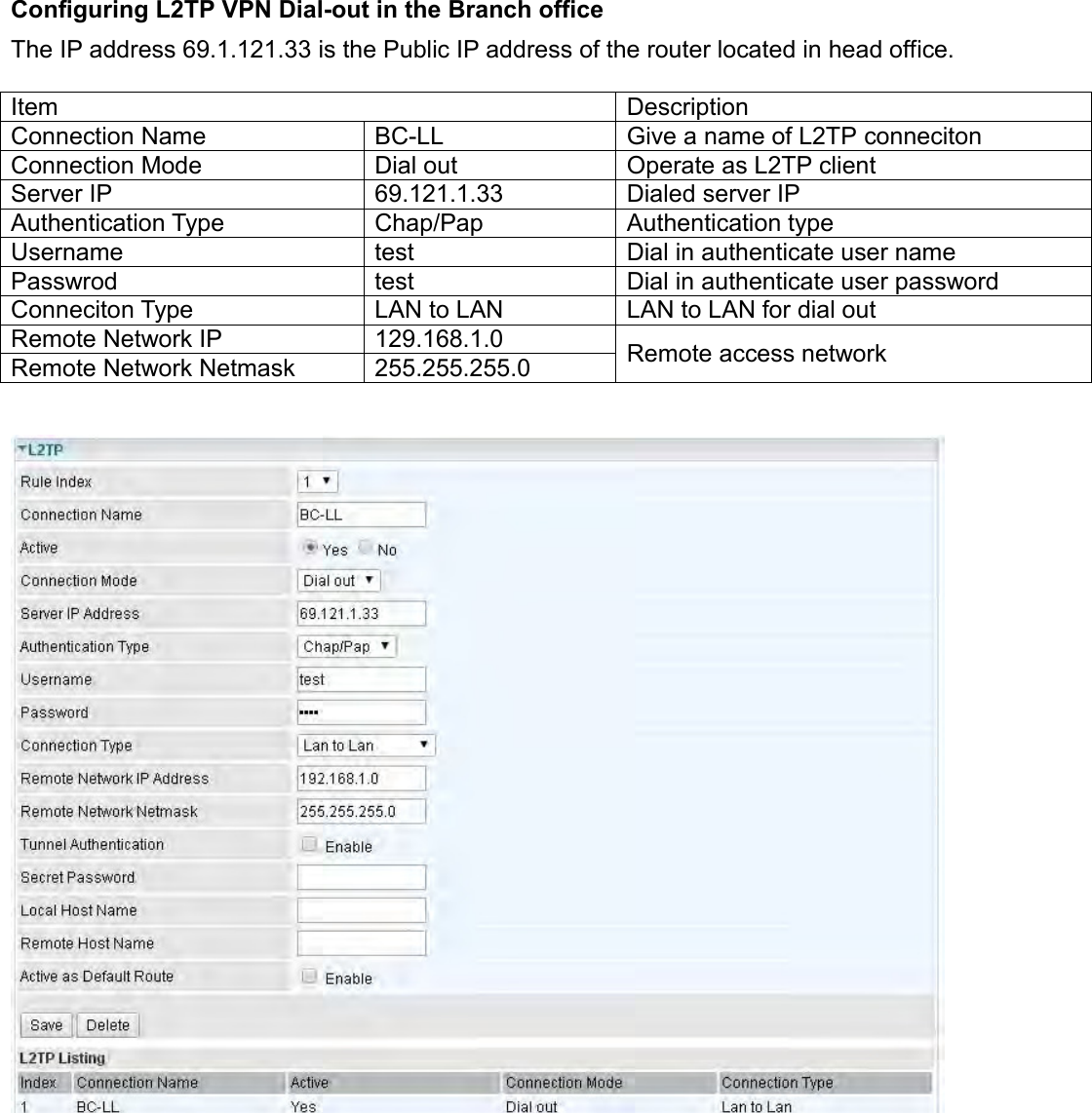    Configuring L2TP VPN Dial-out in the Branch office The IP address 69.1.121.33 is the Public IP address of the router located in head office.   Item Description Connection Name BC-LL Give a name of L2TP conneciton Connection Mode Dial out Operate as L2TP client Server IP 69.121.1.33 Dialed server IP Authentication Type Chap/Pap Authentication type Username test Dial in authenticate user name Passwrod test Dial in authenticate user password Conneciton Type LAN to LAN LAN to LAN for dial out Remote Network IP 129.168.1.0 Remote access network Remote Network Netmask 255.255.255.0    