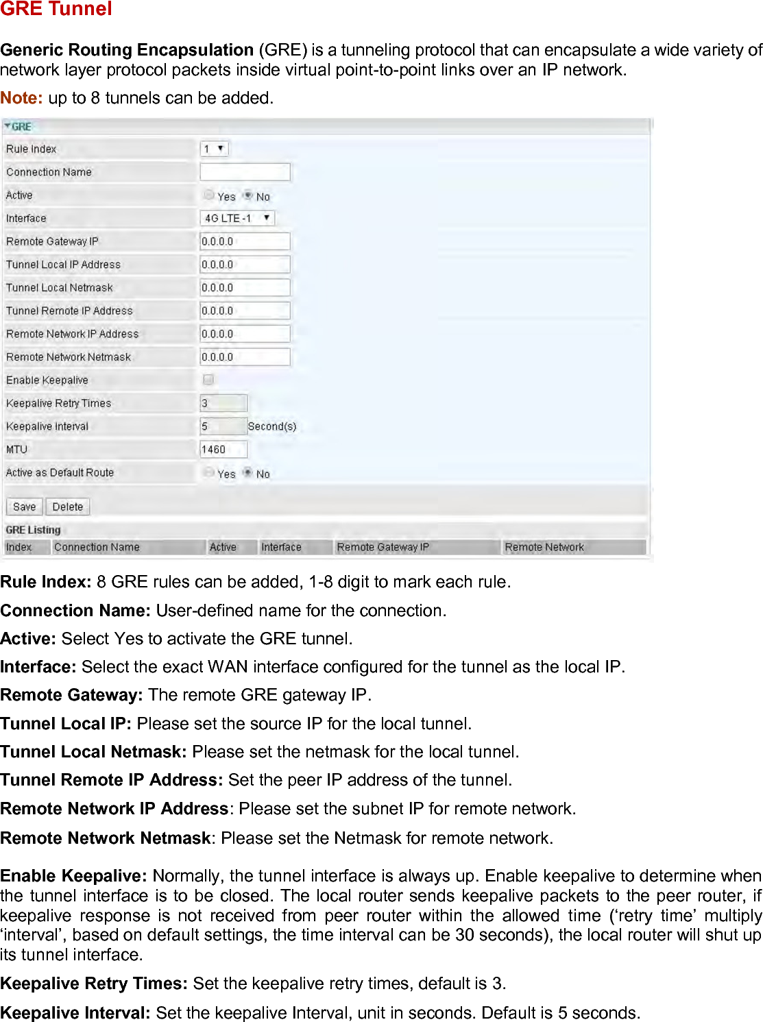   MTU: Maximum Transmission Unit. Active as Default Route: Select if to set the GRE tunnel as the default route.   