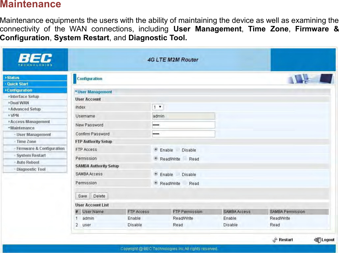    Maintenance Maintenance equipments the users with the ability of maintaining the device as well as examining the connectivity  of  the  WAN  connections,  including  User  Management,  Time  Zone,  Firmware  &amp; Configuration, System Restart, and Diagnostic Tool.     