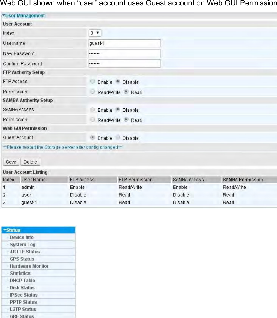    Web GUI shown when “user” account uses Guest account on Web GUI Permission     