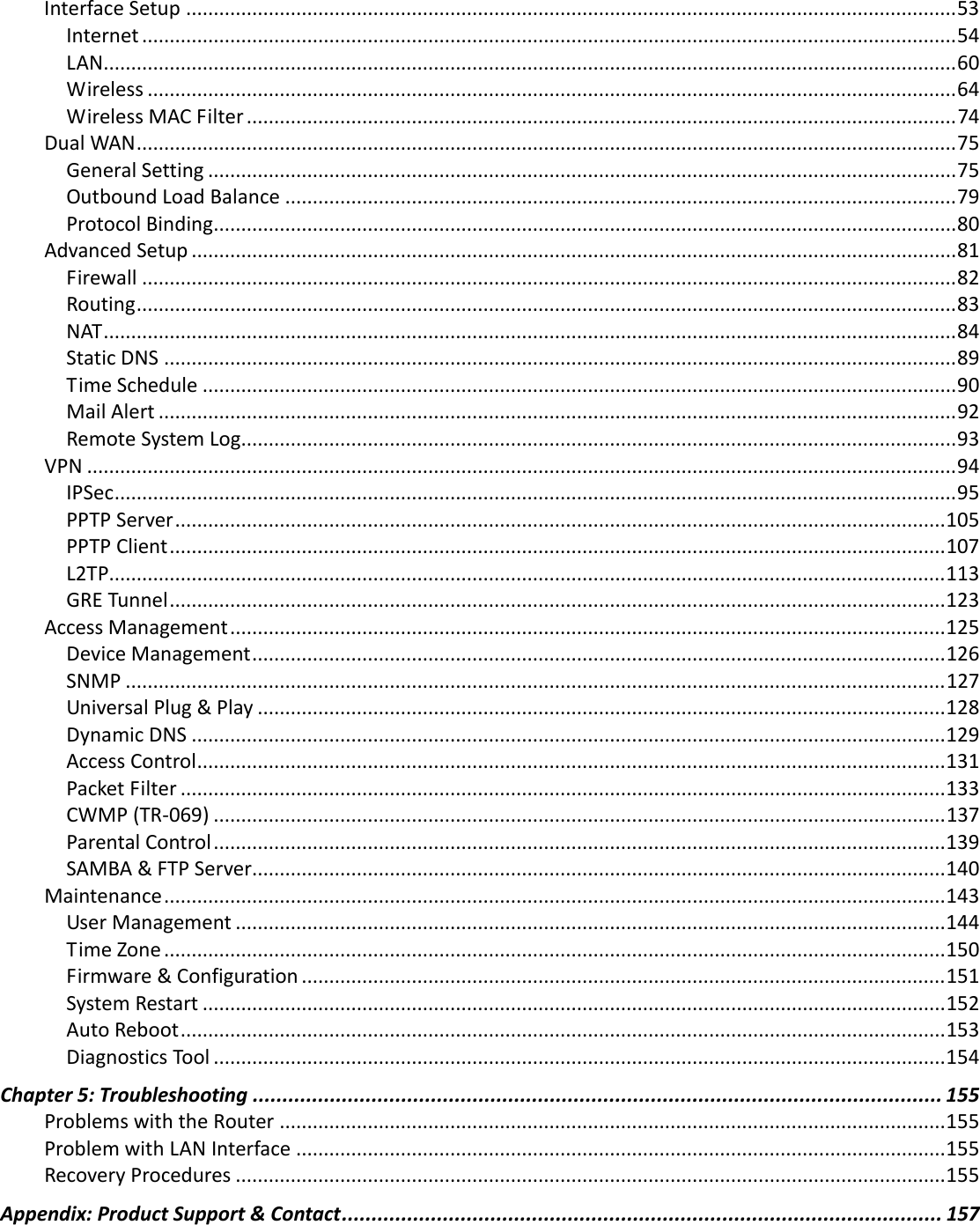   Interface Setup ............................................................................................................................................ 53 Internet .................................................................................................................................................... 54 LAN........................................................................................................................................................... 60 Wireless ................................................................................................................................................... 64 Wireless MAC Filter ................................................................................................................................. 74 Dual WAN ..................................................................................................................................................... 75 General Setting ........................................................................................................................................ 75 Outbound Load Balance .......................................................................................................................... 79 Protocol Binding ....................................................................................................................................... 80 Advanced Setup ........................................................................................................................................... 81 Firewall .................................................................................................................................................... 82 Routing ..................................................................................................................................................... 83 NAT ........................................................................................................................................................... 84 Static DNS ................................................................................................................................................ 89 Time Schedule ......................................................................................................................................... 90 Mail Alert ................................................................................................................................................. 92 Remote System Log.................................................................................................................................. 93 VPN .............................................................................................................................................................. 94 IPSec ......................................................................................................................................................... 95 PPTP Server ............................................................................................................................................ 105 PPTP Client ............................................................................................................................................. 107 L2TP........................................................................................................................................................ 113 GRE Tunnel ............................................................................................................................................. 123 Access Management .................................................................................................................................. 125 Device Management .............................................................................................................................. 126 SNMP ..................................................................................................................................................... 127 Universal Plug &amp; Play ............................................................................................................................. 128 Dynamic DNS ......................................................................................................................................... 129 Access Control ........................................................................................................................................ 131 Packet Filter ........................................................................................................................................... 133 CWMP (TR-069) ..................................................................................................................................... 137 Parental Control ..................................................................................................................................... 139 SAMBA &amp; FTP Server.............................................................................................................................. 140 Maintenance .............................................................................................................................................. 143 User Management ................................................................................................................................. 144 Time Zone .............................................................................................................................................. 150 Firmware &amp; Configuration ..................................................................................................................... 151 System Restart ....................................................................................................................................... 152 Auto Reboot ........................................................................................................................................... 153 Diagnostics Tool ..................................................................................................................................... 154 Chapter 5: Troubleshooting .................................................................................................................... 155 Problems with the Router ......................................................................................................................... 155 Problem with LAN Interface ...................................................................................................................... 155 Recovery Procedures ................................................................................................................................. 155 Appendix: Product Support &amp; Contact ..................................................................................................... 157  