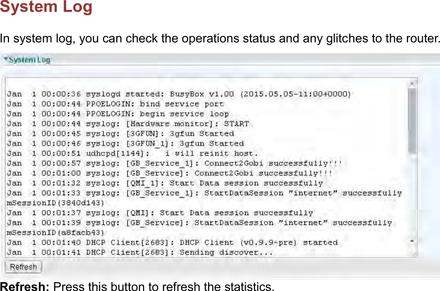    System Log In system log, you can check the operations status and any glitches to the router.  Refresh: Press this button to refresh the statistics.   