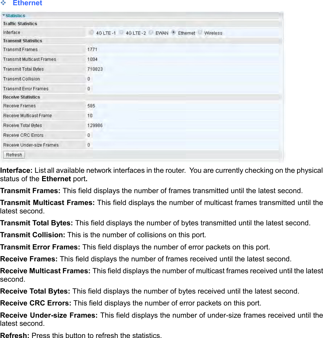     Ethernet  Interface: List all available network interfaces in the router.  You are currently checking on the physical status of the Ethernet port.  Transmit Frames: This field displays the number of frames transmitted until the latest second. Transmit Multicast Frames: This field displays the number of multicast frames transmitted until the latest second. Transmit Total Bytes: This field displays the number of bytes transmitted until the latest second. Transmit Collision: This is the number of collisions on this port. Transmit Error Frames: This field displays the number of error packets on this port. Receive Frames: This field displays the number of frames received until the latest second. Receive Multicast Frames: This field displays the number of multicast frames received until the latest second. Receive Total Bytes: This field displays the number of bytes received until the latest second. Receive CRC Errors: This field displays the number of error packets on this port. Receive Under-size Frames: This field displays the number of under-size frames received until the latest second. Refresh: Press this button to refresh the statistics.   