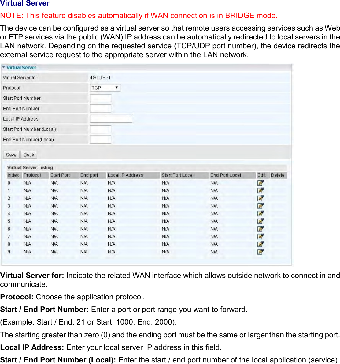    Virtual Server NOTE: This feature disables automatically if WAN connection is in BRIDGE mode.  The device can be configured as a virtual server so that remote users accessing services such as Web or FTP services via the public (WAN) IP address can be automatically redirected to local servers in the LAN network. Depending on the requested service (TCP/UDP port number), the device redirects the external service request to the appropriate server within the LAN network.  Virtual Server for: Indicate the related WAN interface which allows outside network to connect in and communicate. Protocol: Choose the application protocol. Start / End Port Number: Enter a port or port range you want to forward.  (Example: Start / End: 21 or Start: 1000, End: 2000).  The starting greater than zero (0) and the ending port must be the same or larger than the starting port.  Local IP Address: Enter your local server IP address in this field. Start / End Port Number (Local): Enter the start / end port number of the local application (service).   