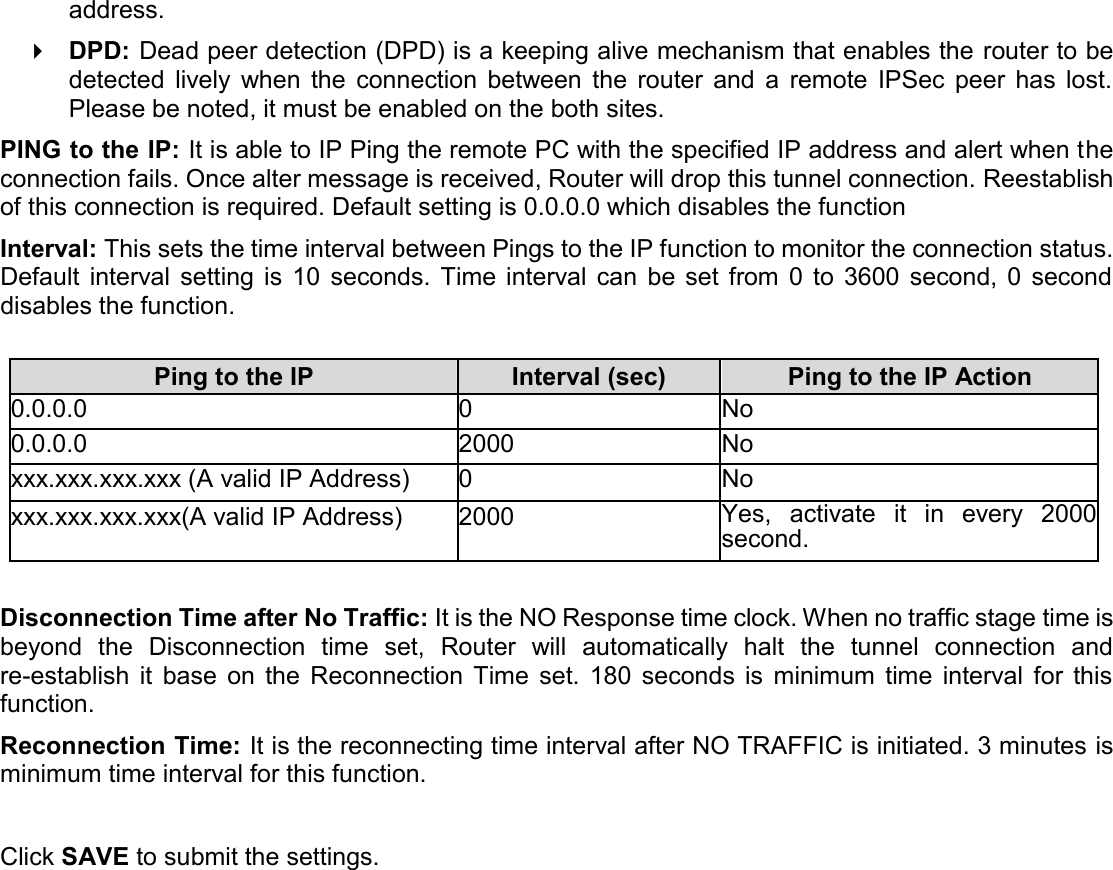   address.  DPD: Dead peer detection (DPD) is a keeping alive mechanism that enables the router to be detected  lively  when  the  connection  between  the  router  and  a  remote  IPSec  peer  has  lost. Please be noted, it must be enabled on the both sites. PING to the IP: It is able to IP Ping the remote PC with the specified IP address and alert when the connection fails. Once alter message is received, Router will drop this tunnel connection. Reestablish of this connection is required. Default setting is 0.0.0.0 which disables the function Interval: This sets the time interval between Pings to the IP function to monitor the connection status. Default  interval setting  is  10  seconds.  Time  interval  can  be  set  from  0  to  3600  second,  0  second disables the function.  Ping to the IP Interval (sec) Ping to the IP Action 0.0.0.0 0 No 0.0.0.0 2000 No xxx.xxx.xxx.xxx (A valid IP Address) 0 No xxx.xxx.xxx.xxx(A valid IP Address) 2000 Yes,  activate  it  in  every  2000 second.  Disconnection Time after No Traffic: It is the NO Response time clock. When no traffic stage time is beyond  the  Disconnection  time  set,  Router  will  automatically  halt  the  tunnel  connection  and re-establish  it  base  on  the  Reconnection  Time  set.  180  seconds  is  minimum  time  interval  for  this function. Reconnection Time: It is the reconnecting time interval after NO TRAFFIC is initiated. 3 minutes is minimum time interval for this function.  Click SAVE to submit the settings.   