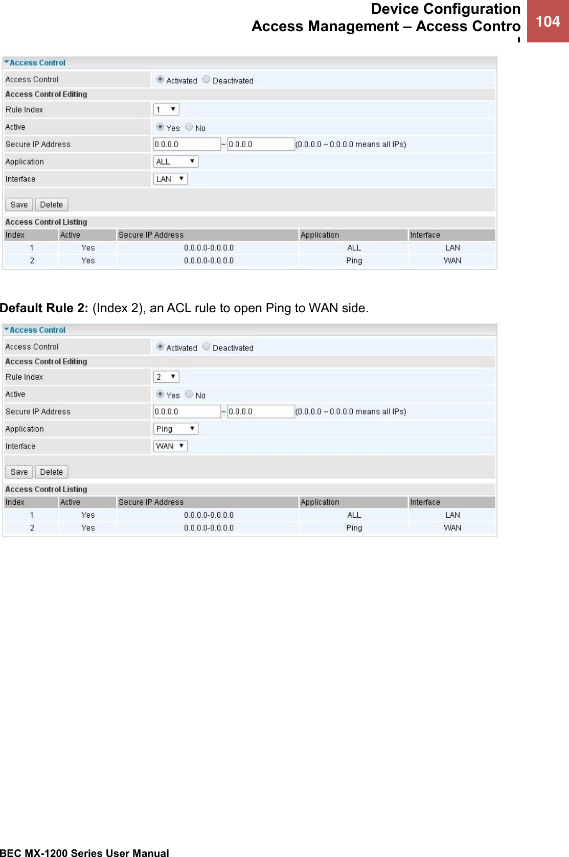  Device Configuration Access Management – Access Control 104   BEC MX-1200 Series User Manual    Default Rule 2: (Index 2), an ACL rule to open Ping to WAN side.        